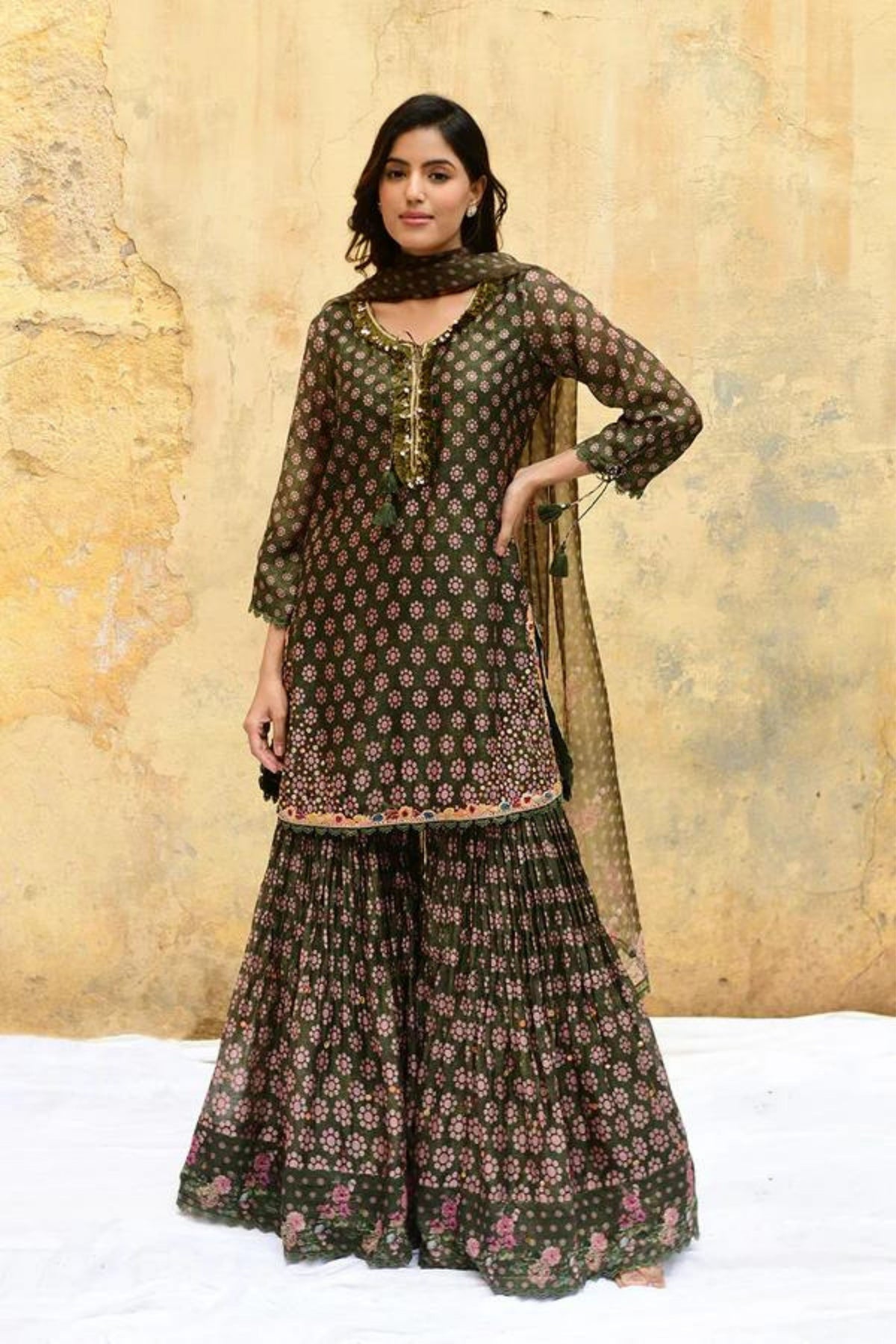 Green Dotted Cascade Sharara Set