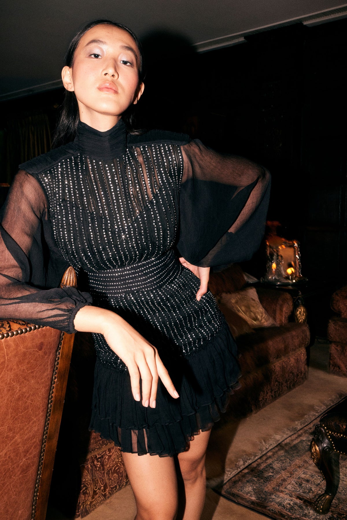 Black Chiffon High-neck Studded Dress