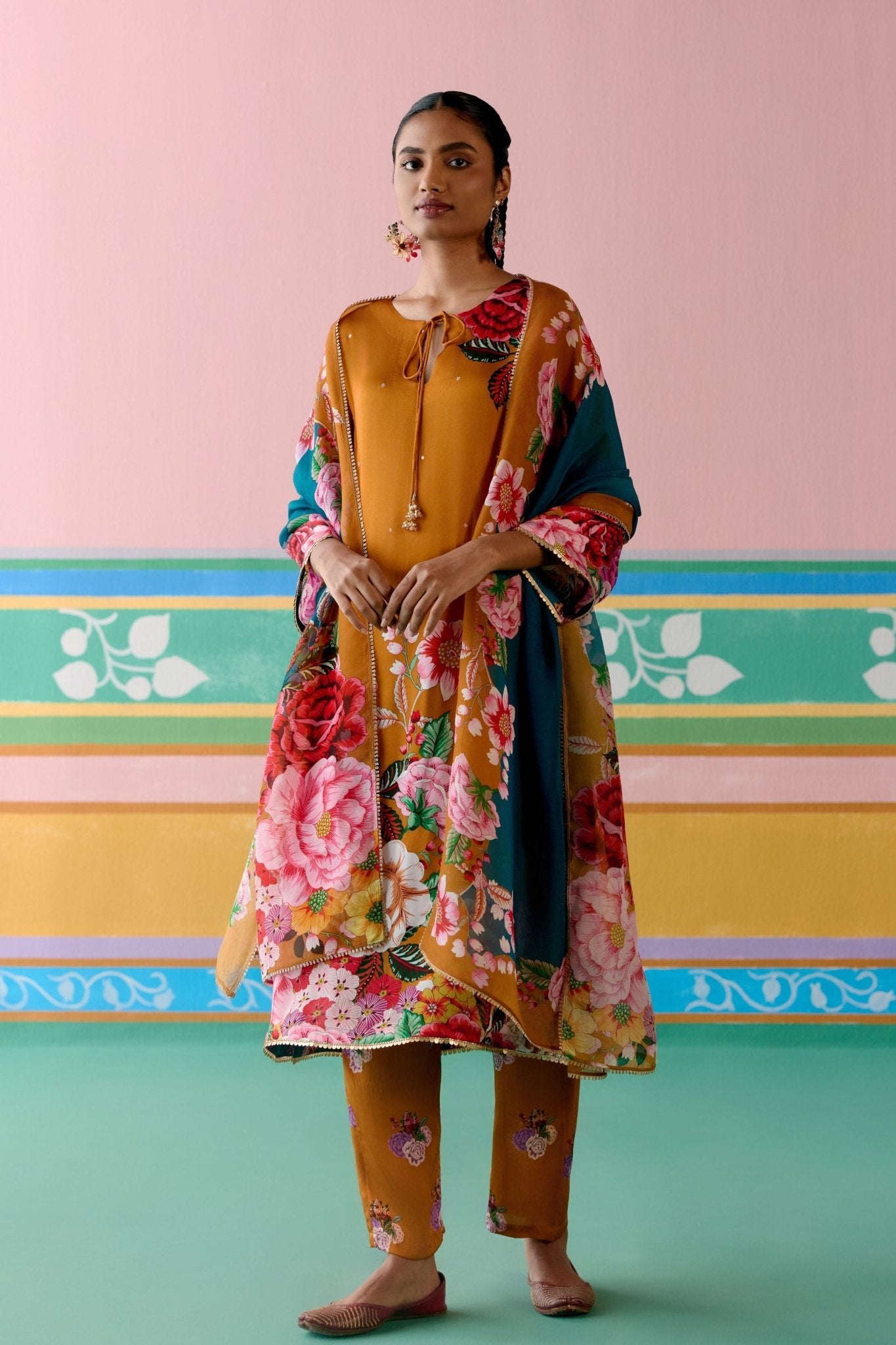 Mustard Floral Kurta Set - Label Mogra - Elahe