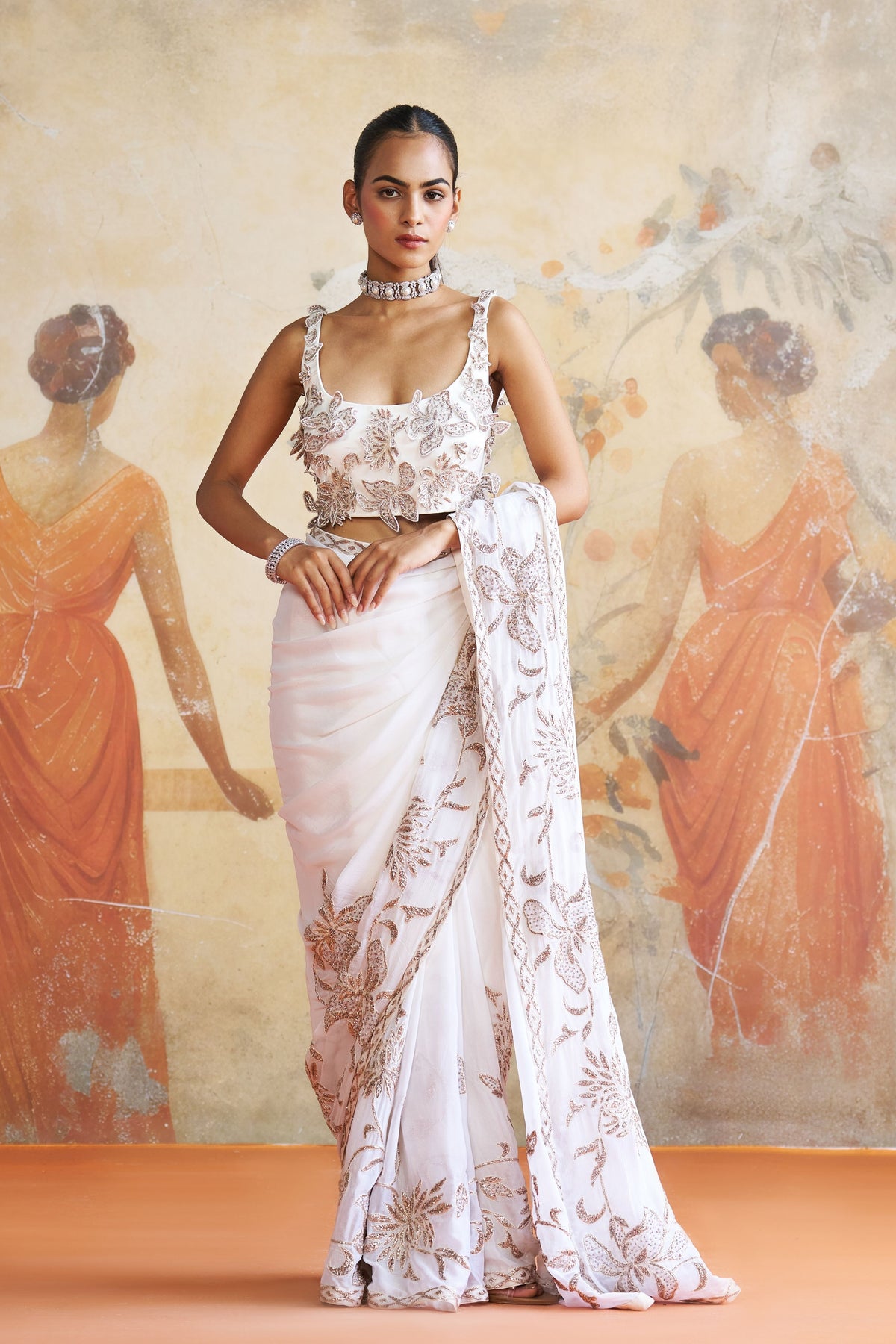 Ivory Floral Organza Saree Set