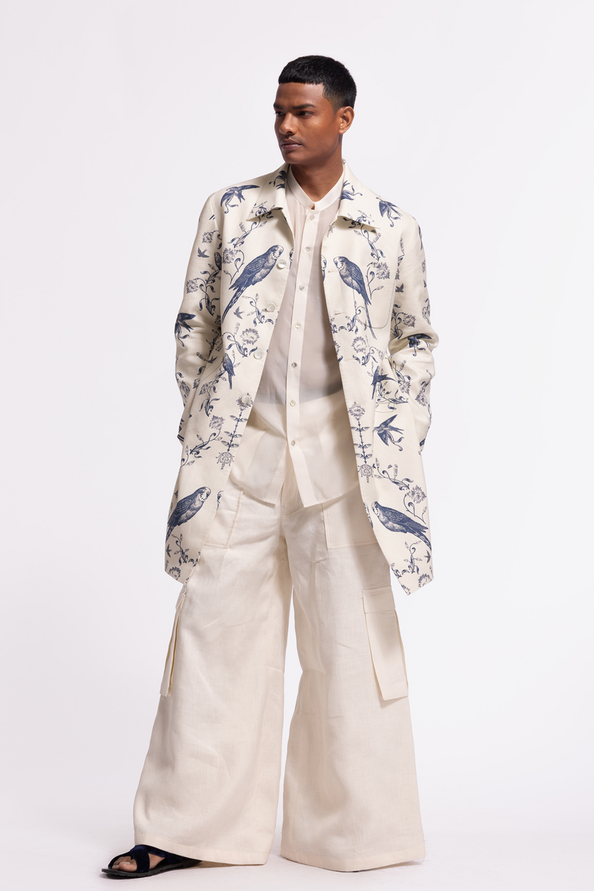 Ivory Bird-printed Long Jacket With Pockets