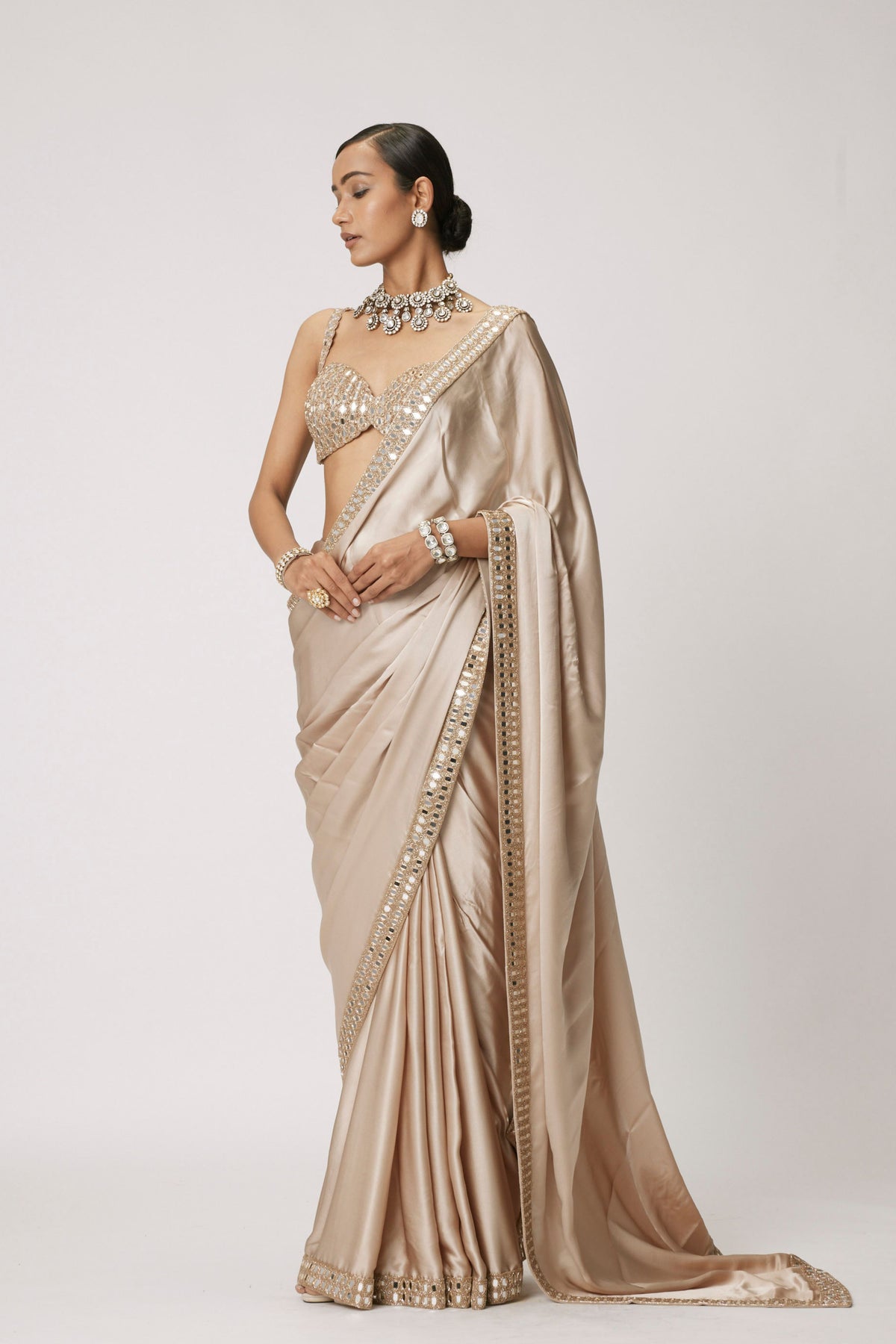Light Beige Satin Saree Set