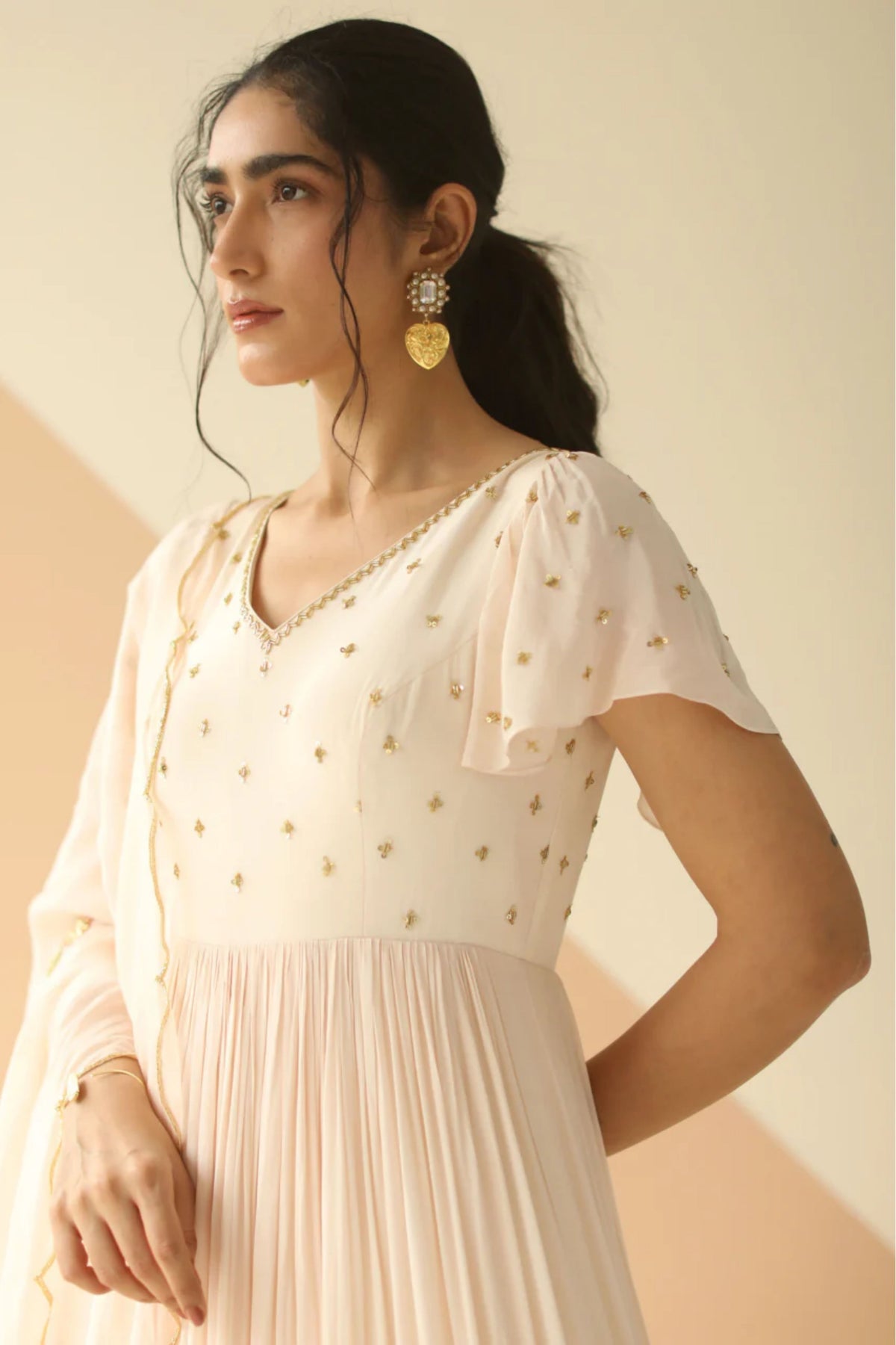 Offwhite half kali bell sleeves anarkali