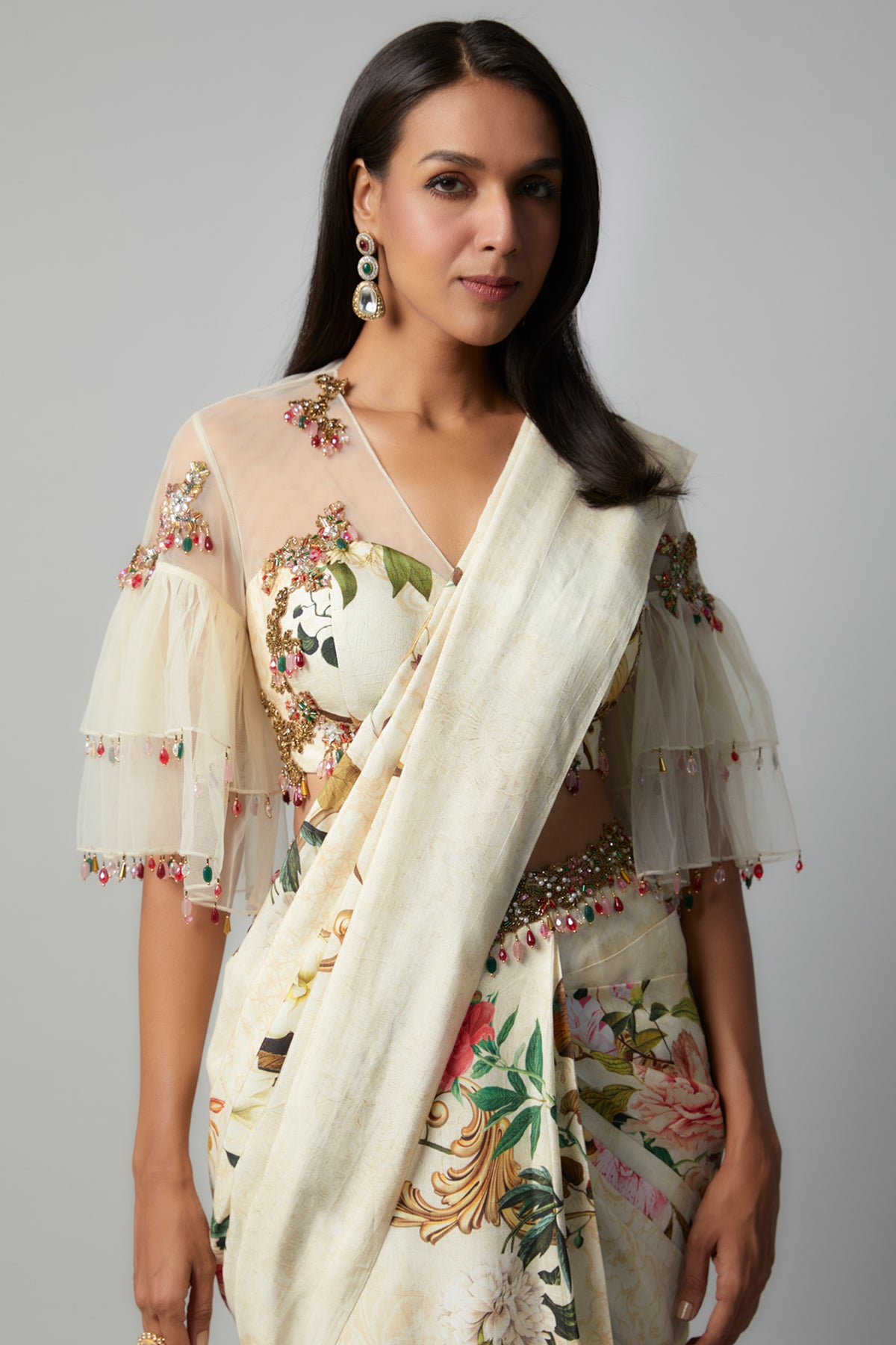 Ivory Botanical Printed Saree Set