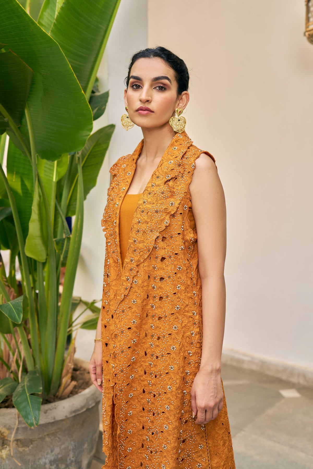Ochre Cutwork Jacket Set