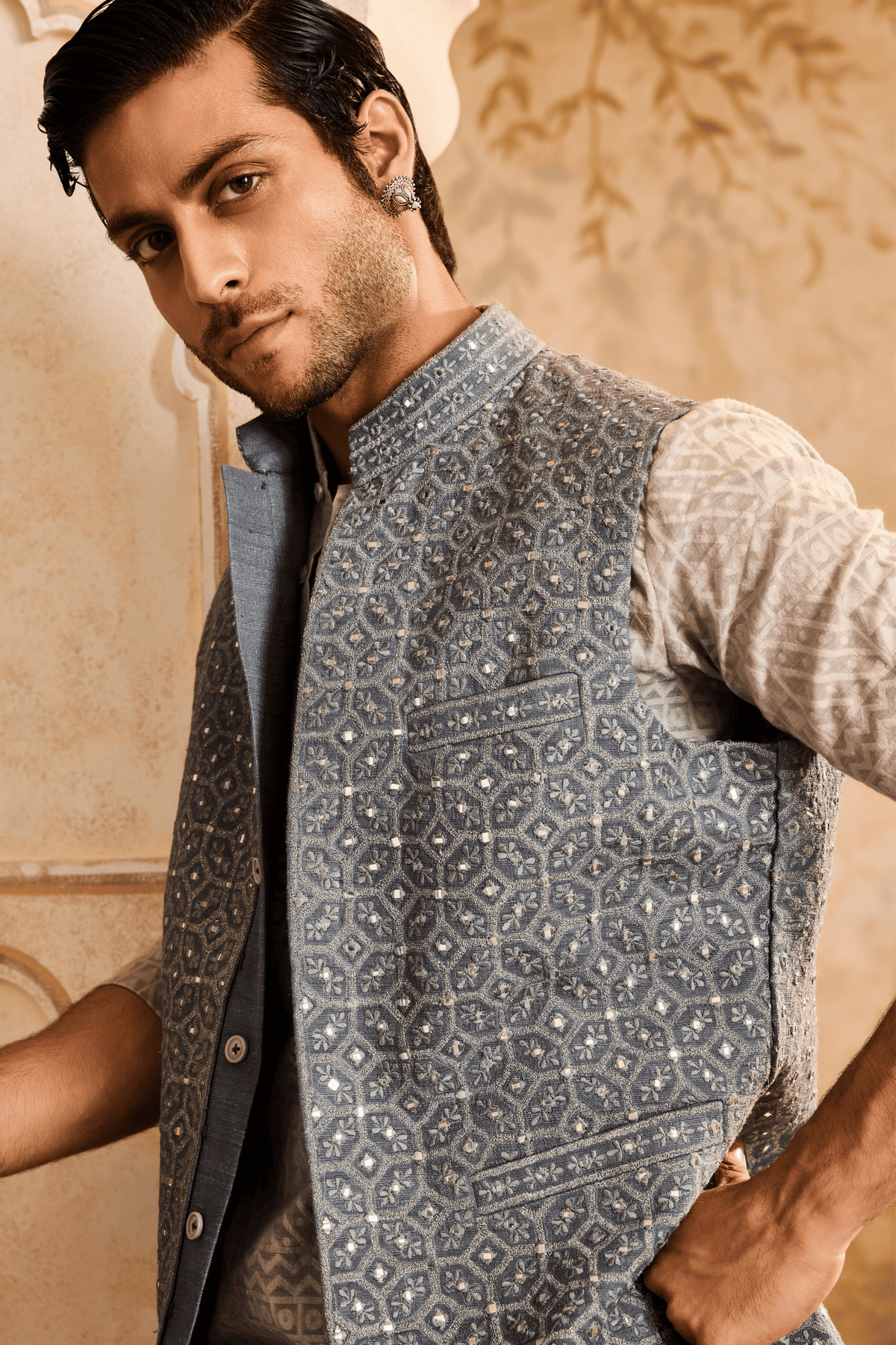 Grey Mirrorwork Jacket Kurta Set