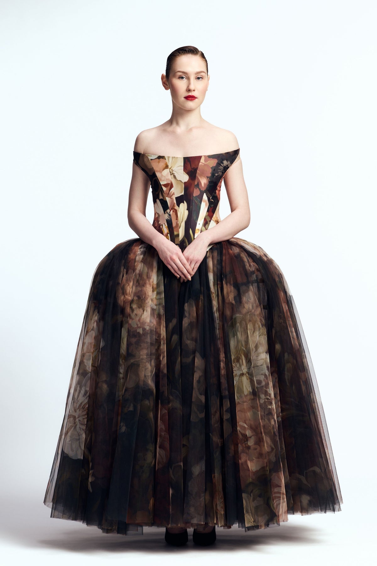 Off Shoulder Panel Corseted Gown