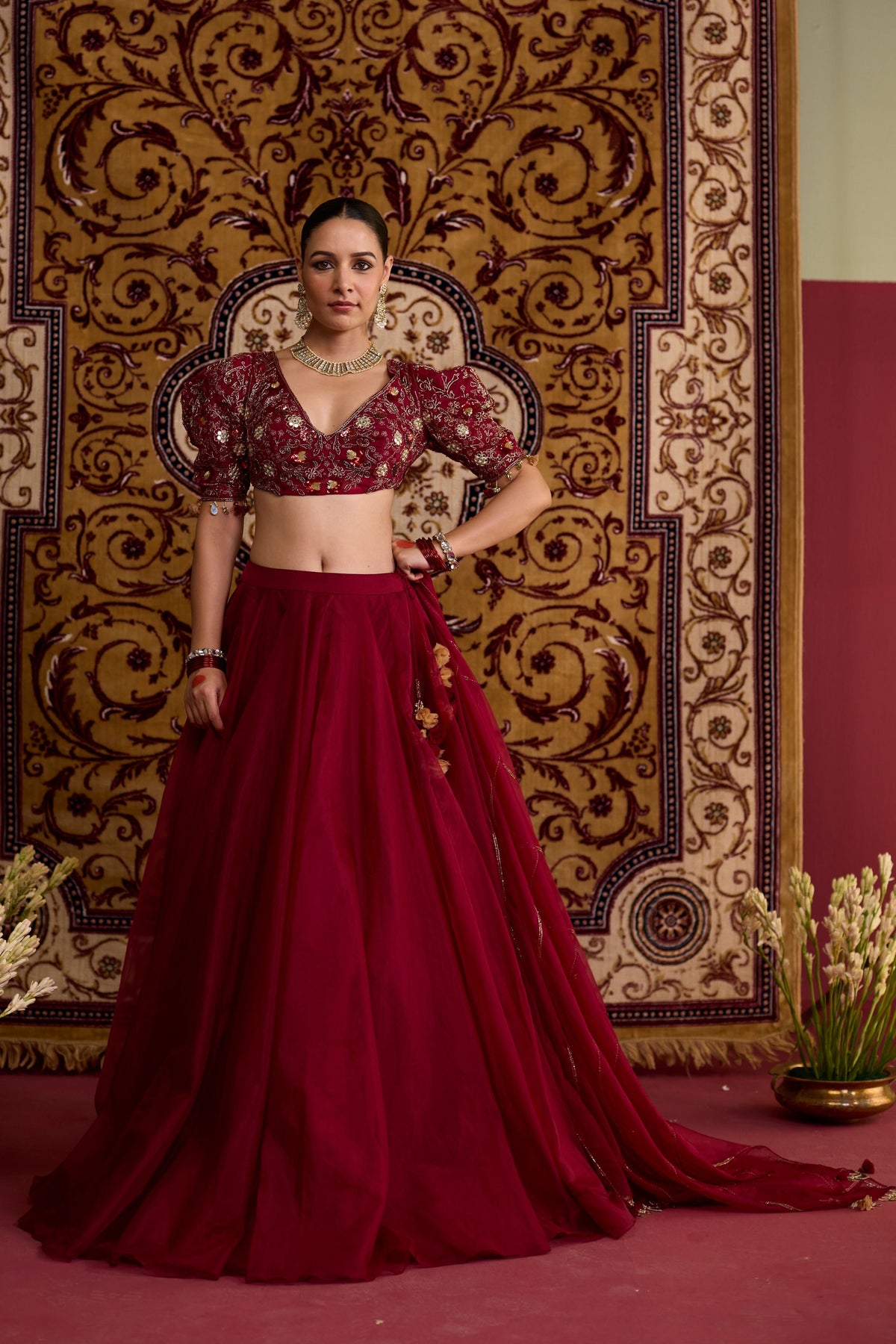 Maroon Embroidered Organza Lehenga Set