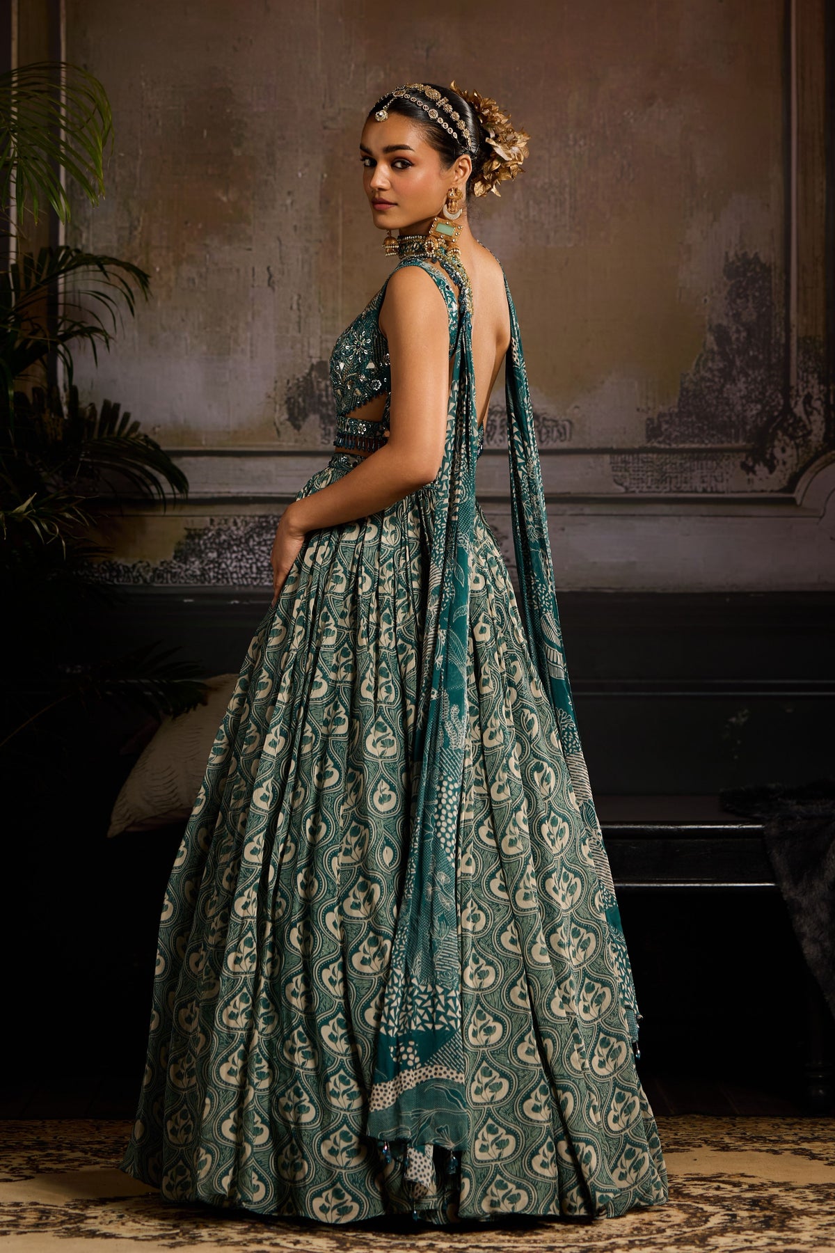 Printed Lehenga Set in Teal