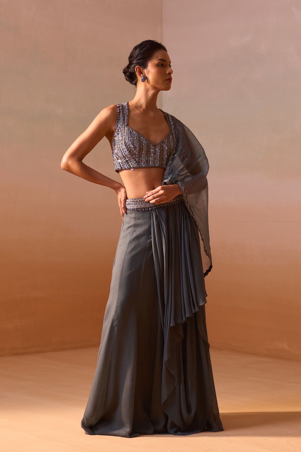 Grey Shimmer Draped Saree