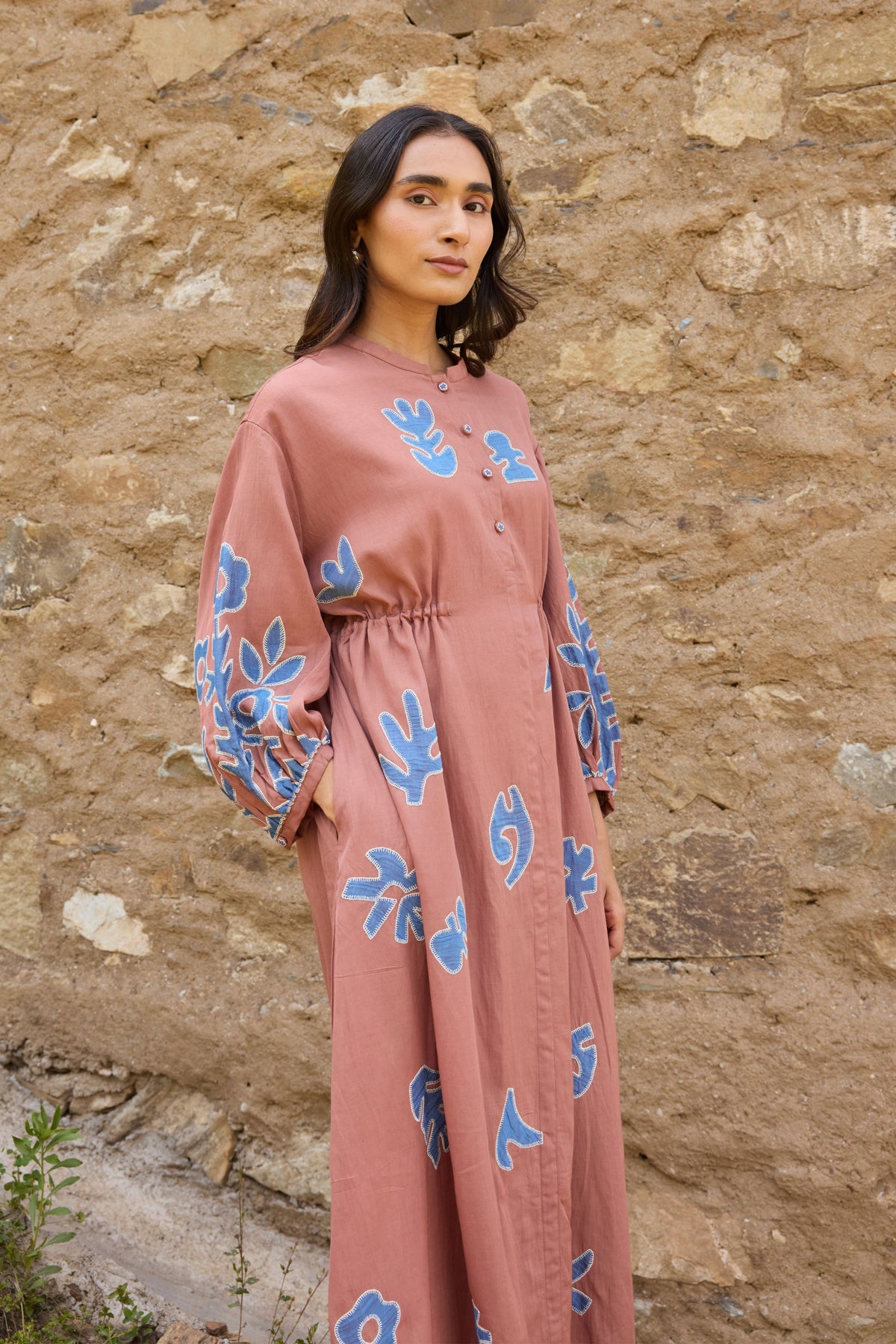 Brown Waist Tie Hand Appliqué Dress
