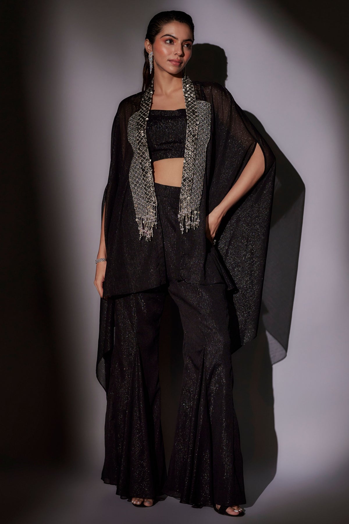 Black Embroidered Cape Set