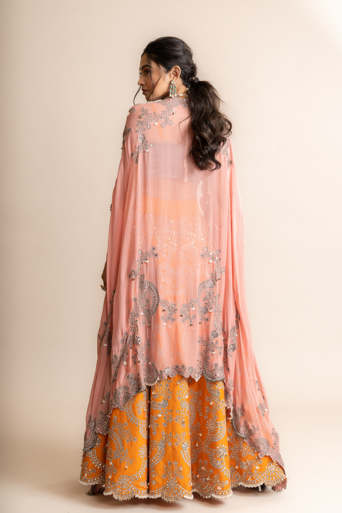 Embroidered Lehenga Set With Old Rose Cape Set