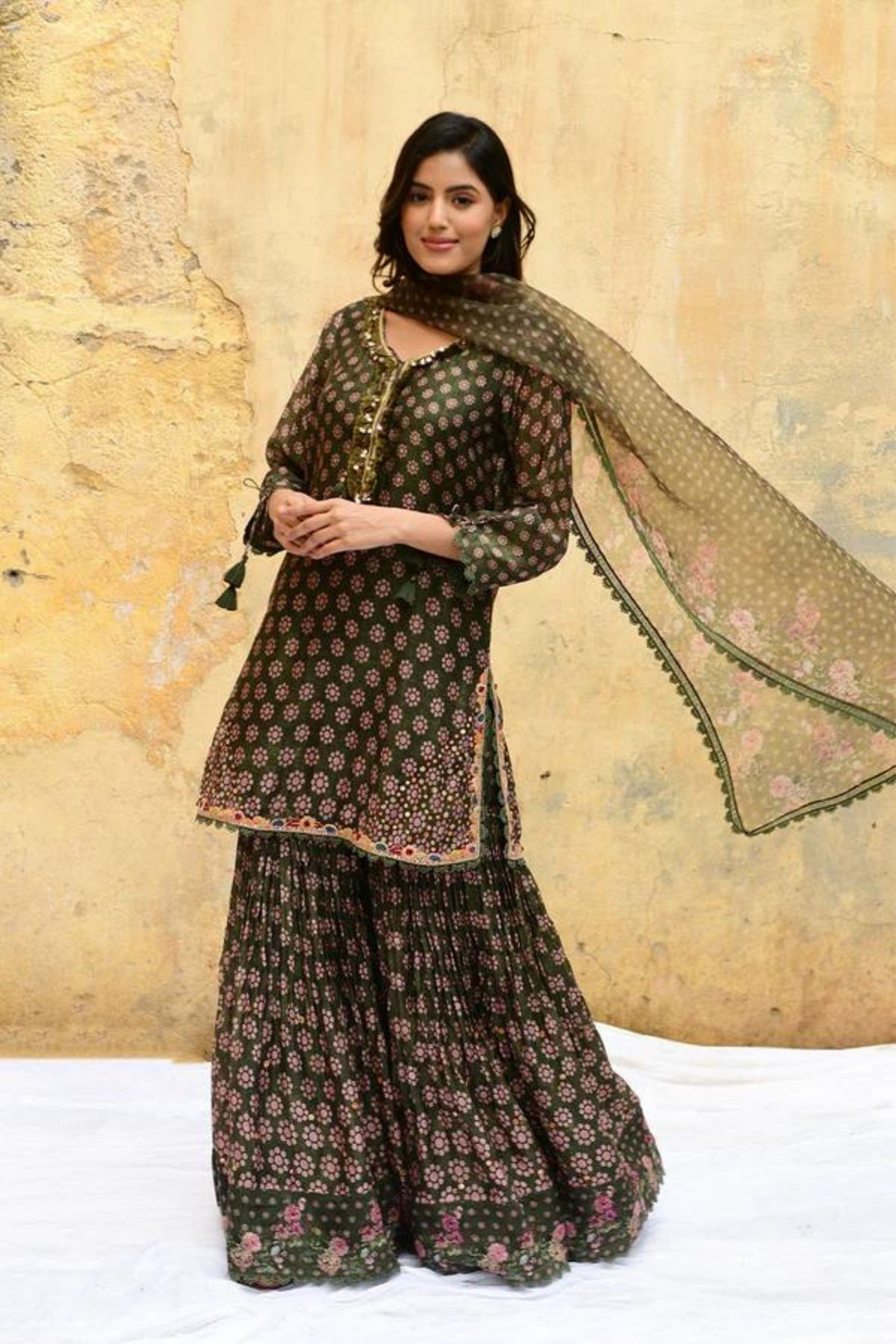 Green Dotted Cascade Sharara Set