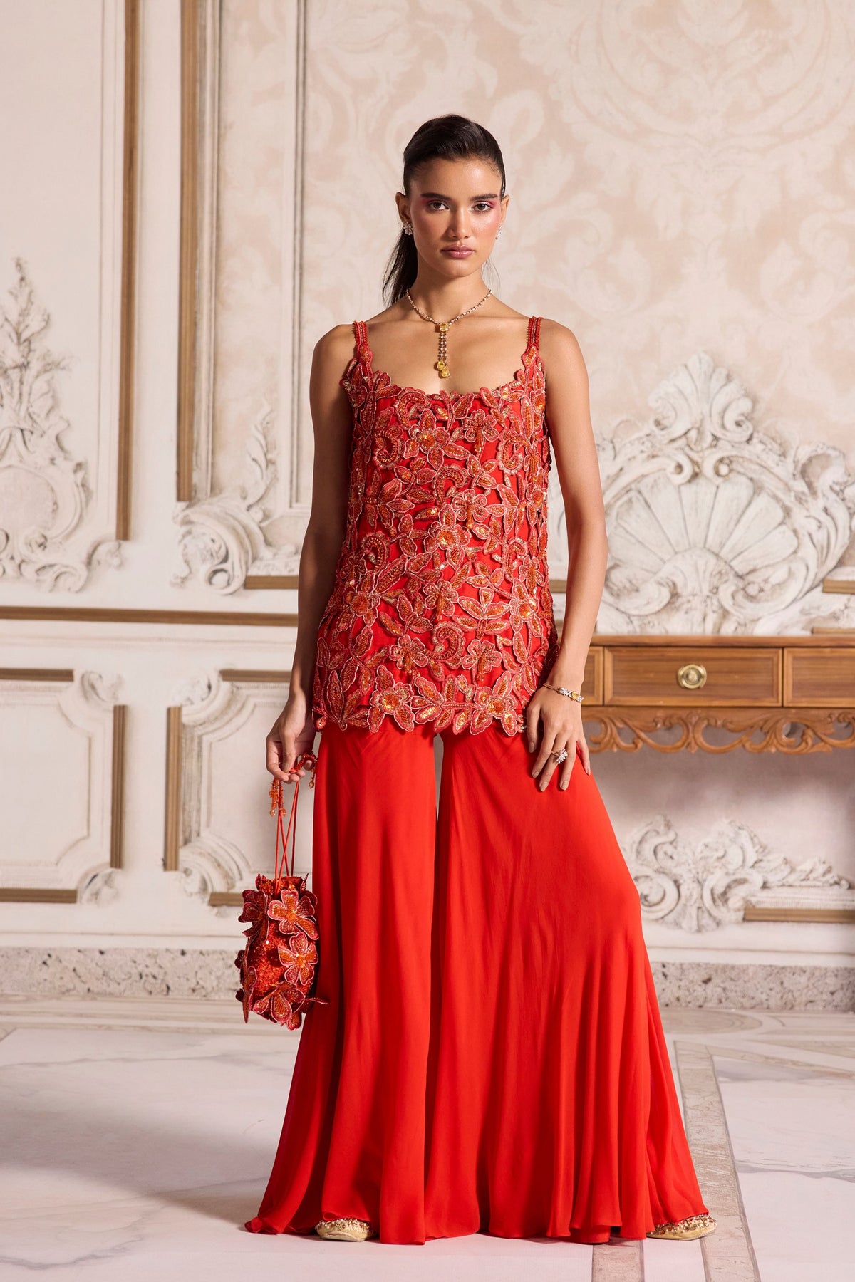 Rust Floral Cut-work Sharara Set