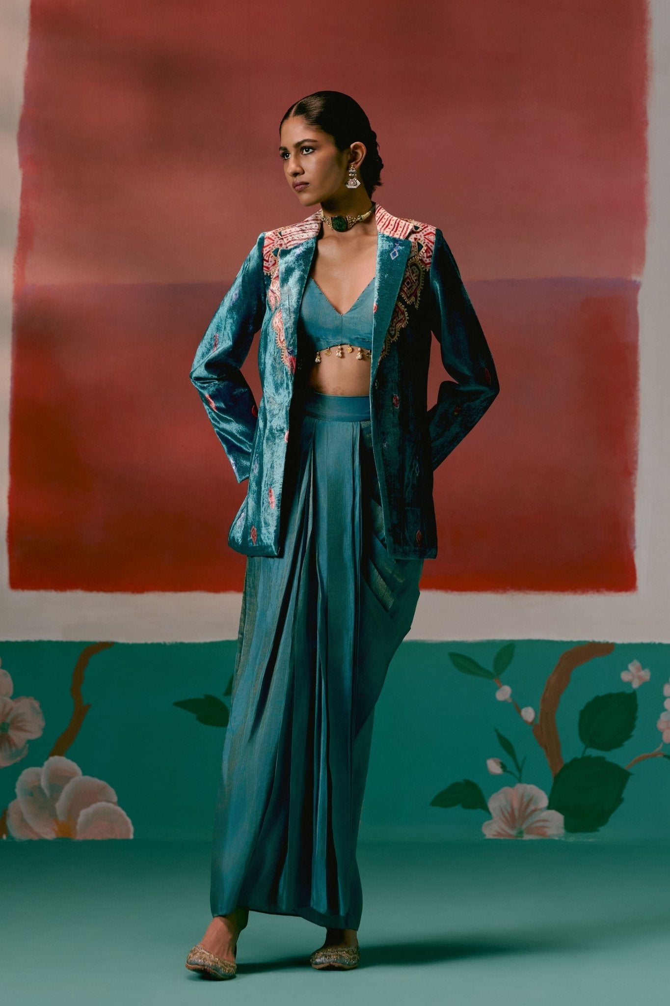 Teal Aztec Blazer Dhoti Set - Label Mogra - Elahe