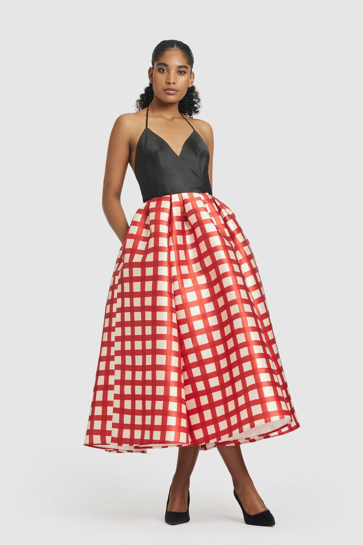 Red &amp; White Halter Midi Dress
