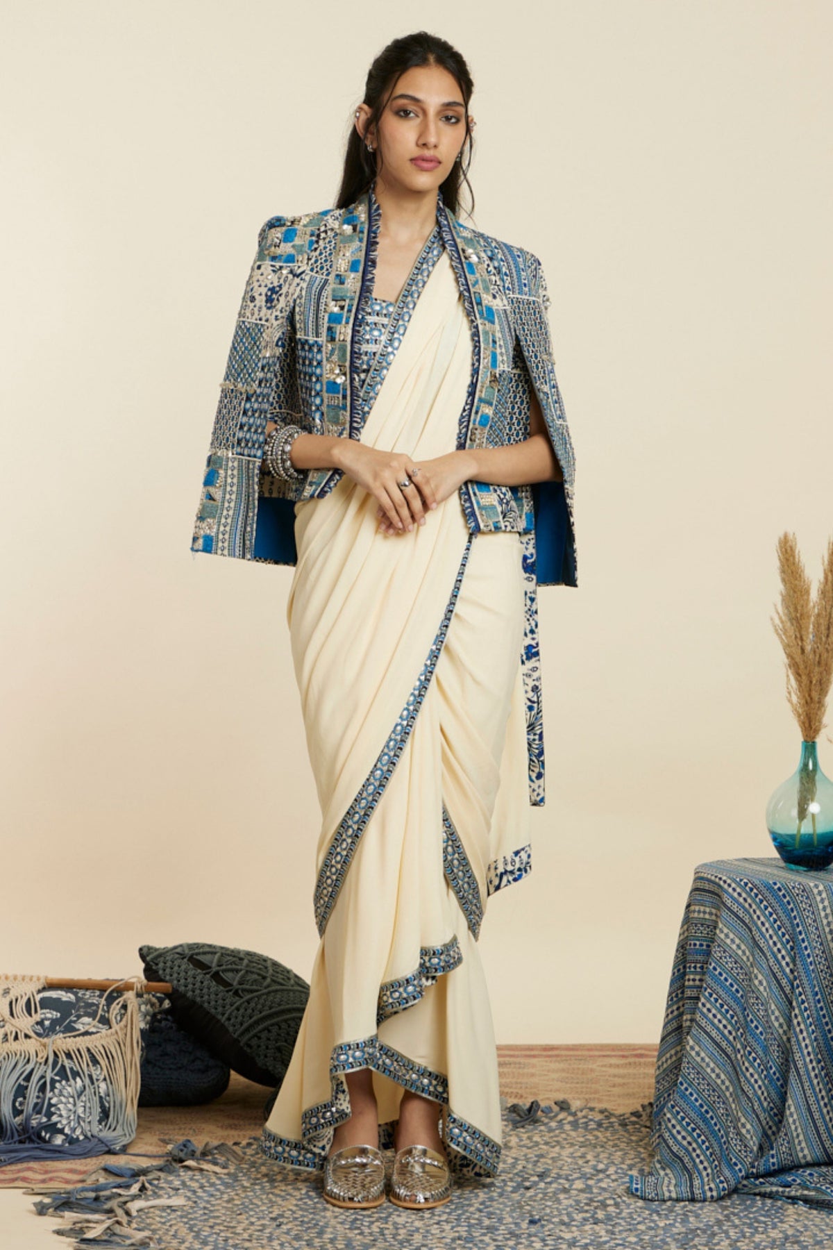 Beige Cascade Saree Set With Jacket