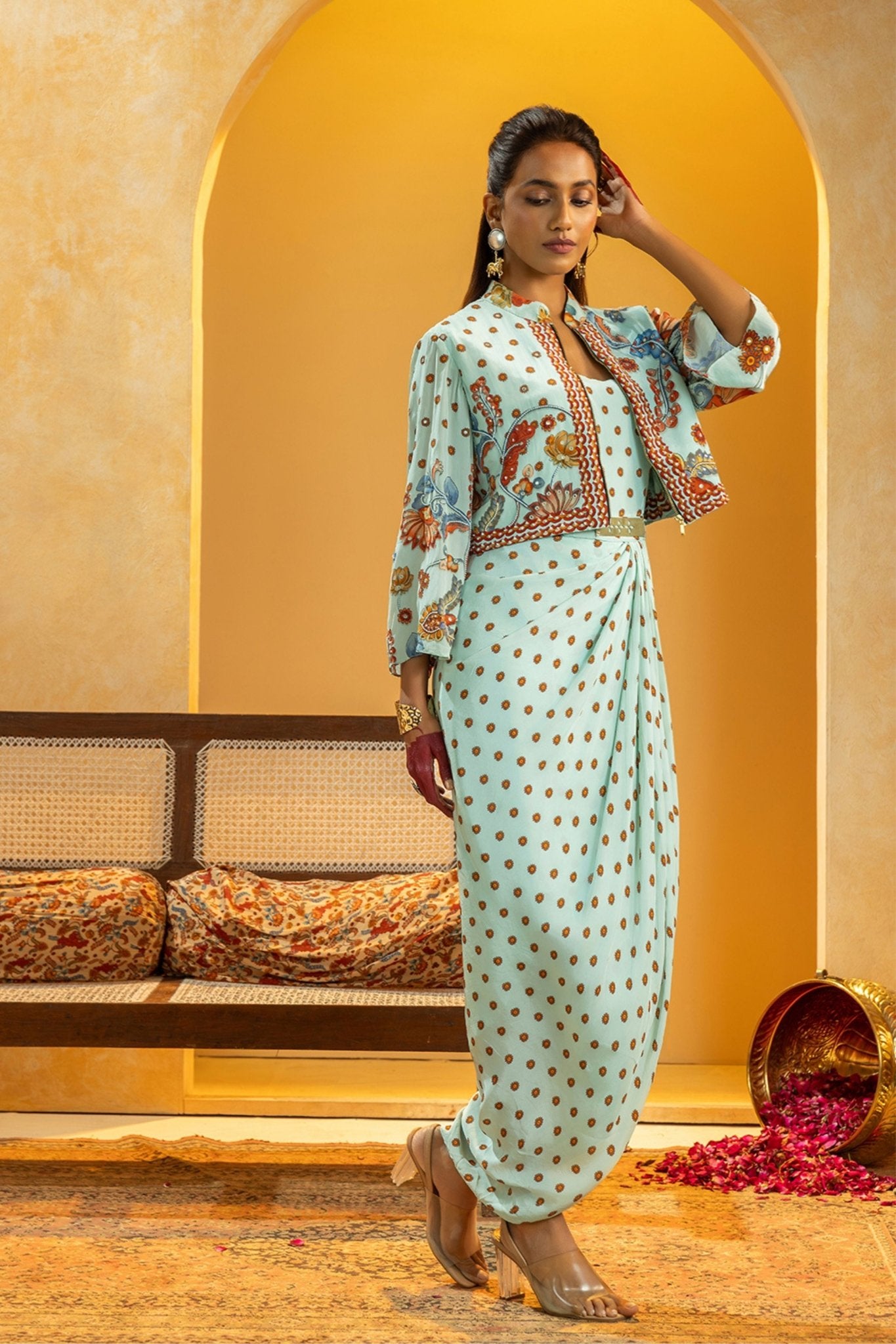 Blue Printed Statement Jacket Set - Sougat Paul - Elahe