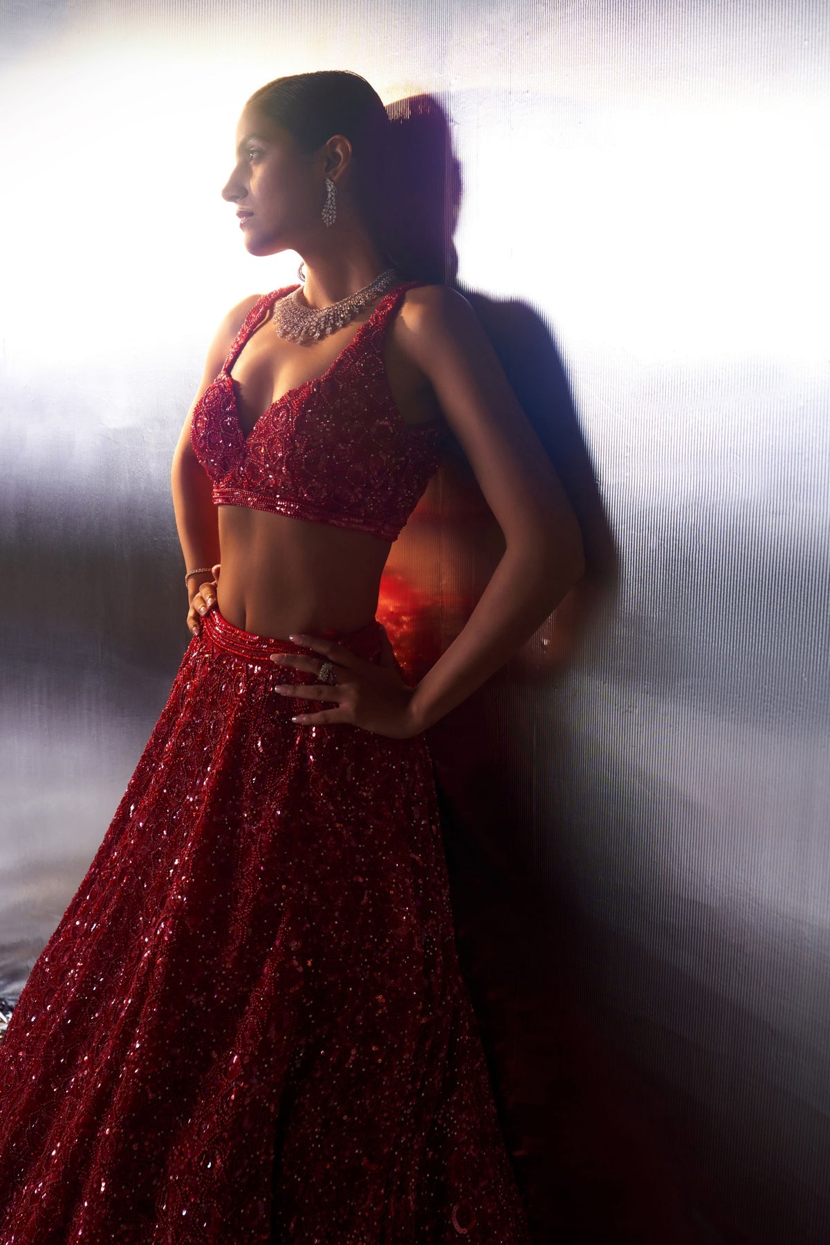Red Net Crystals Lehenga Set