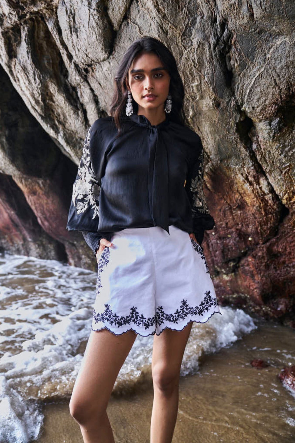 Dash Dot Embroidered Black Peasant Top Elahe