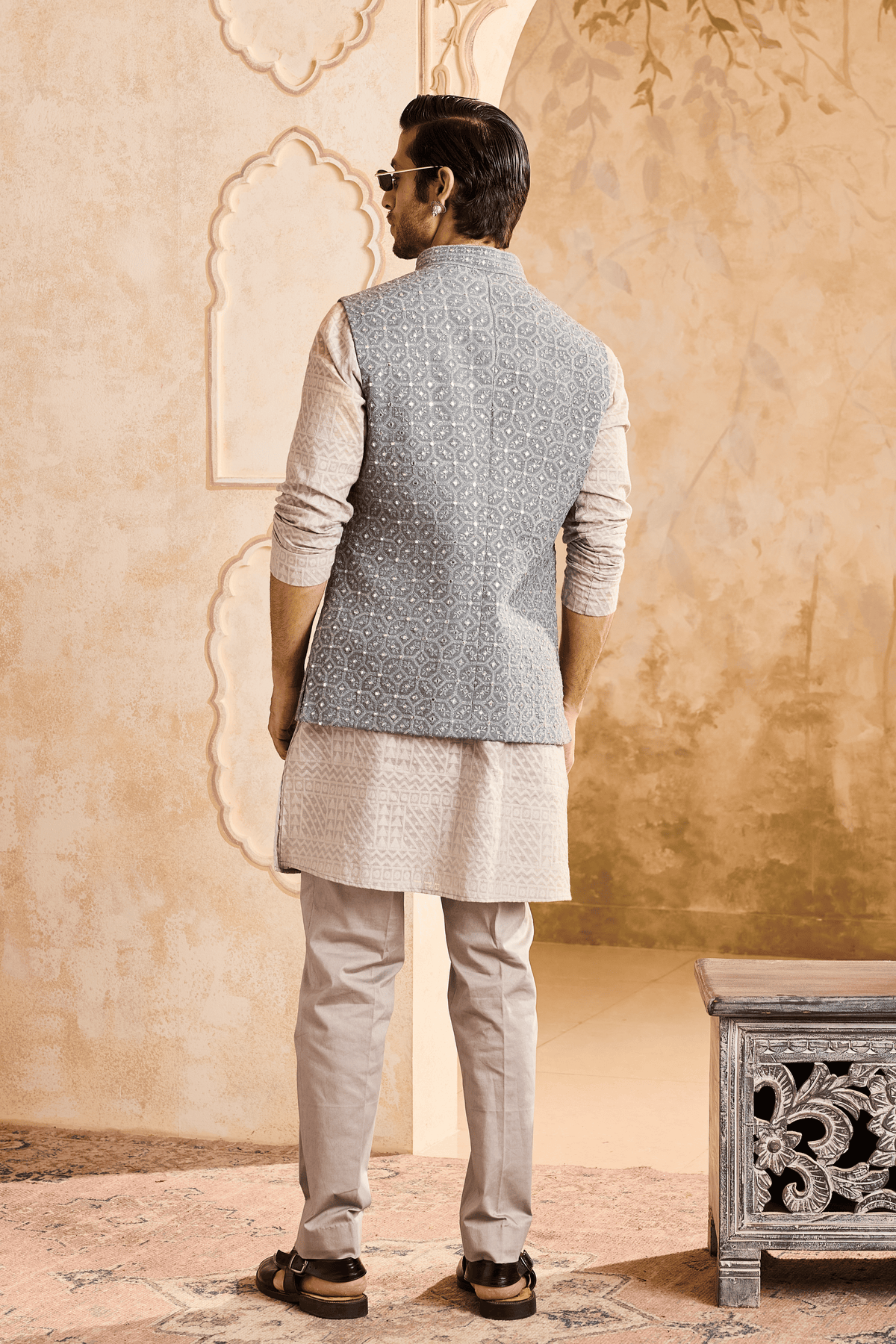 Grey Mirrorwork Jacket Kurta Set