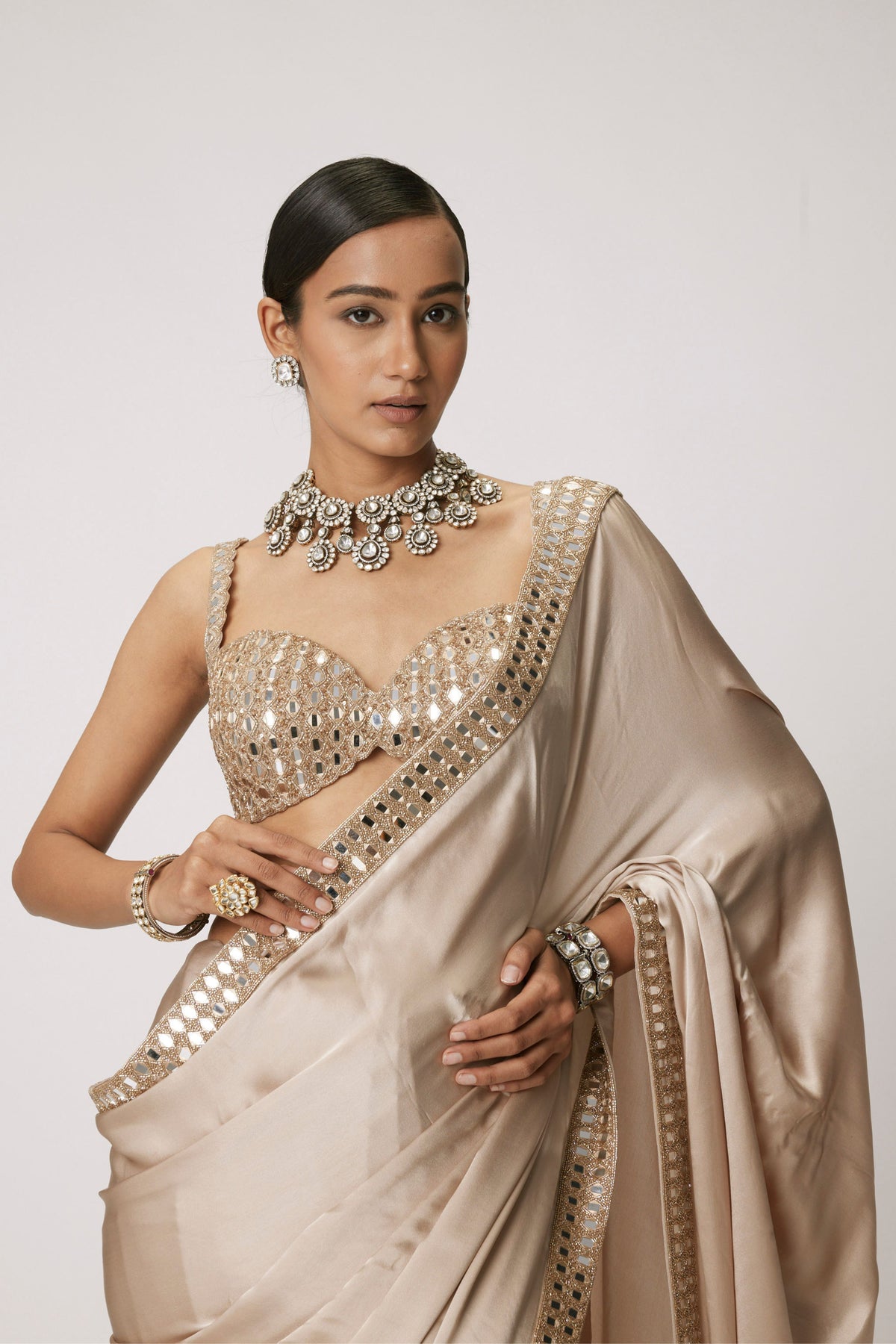 Light Beige Satin Saree Set