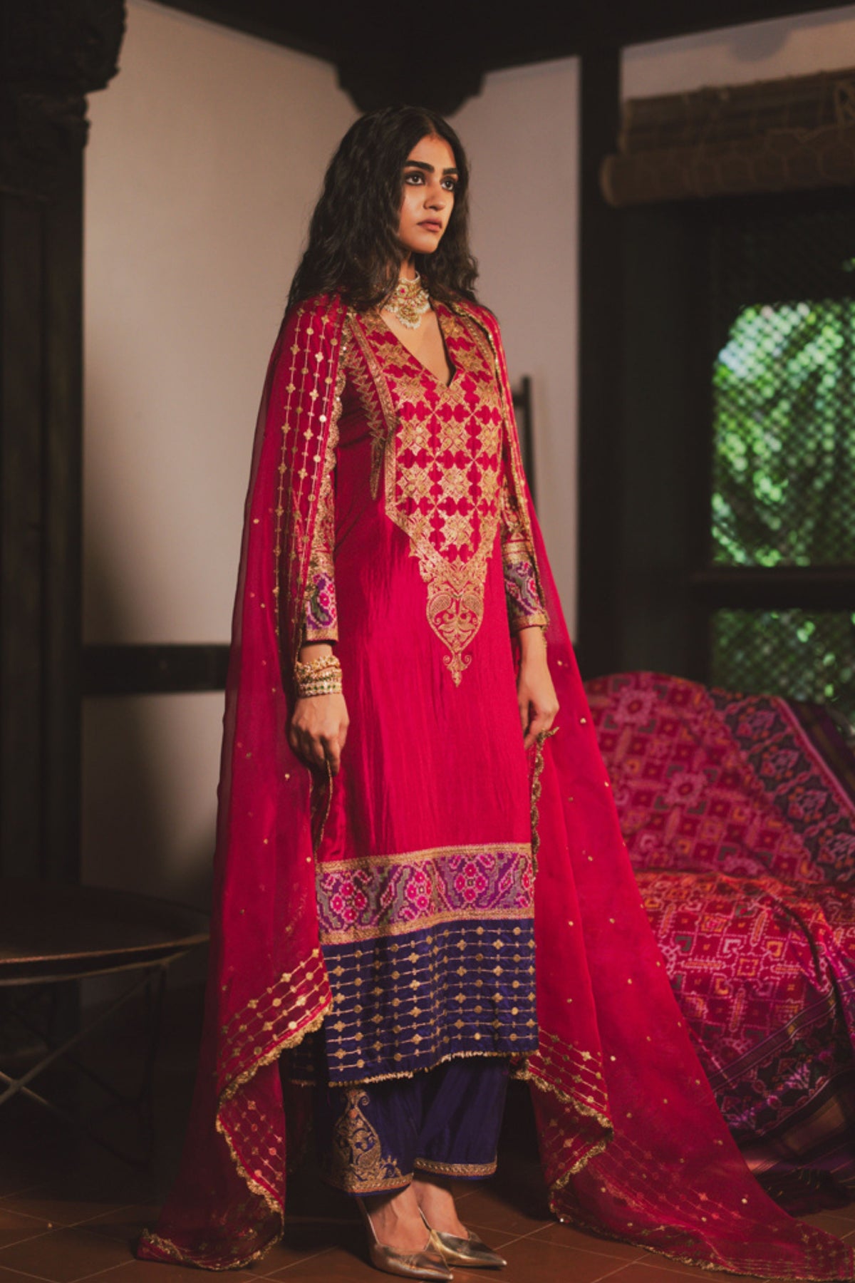 Magenta Lines Border Dupatta