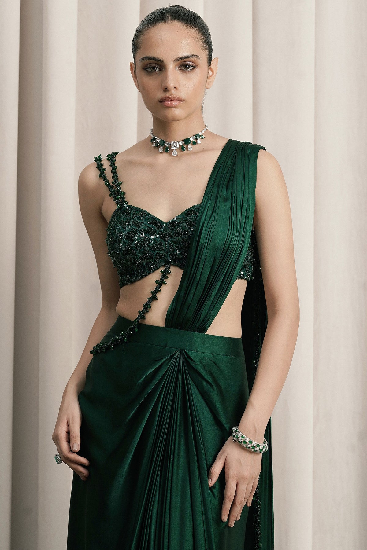 Emerald Green Draped Cocktail Saree Set