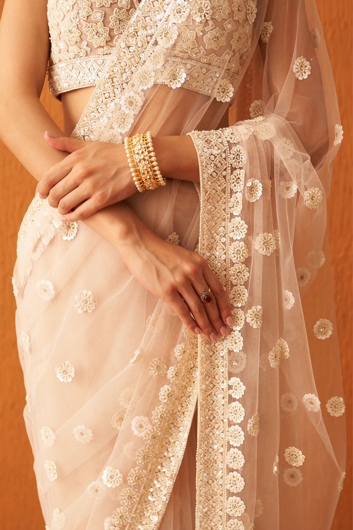 Peach Net Saree