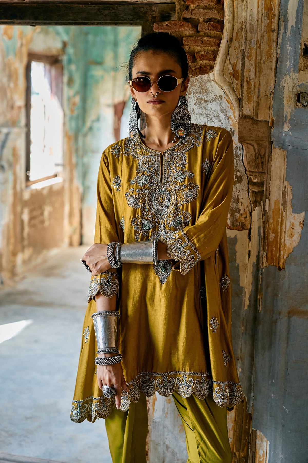 Embroidered Mustard Kurta Set