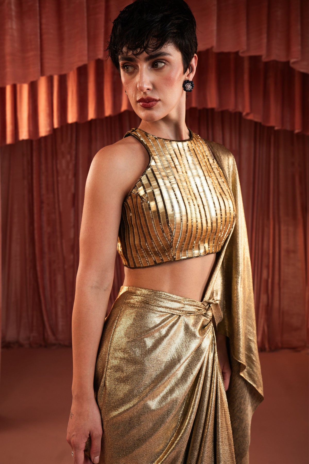 Gold Foil Draped Saree Set