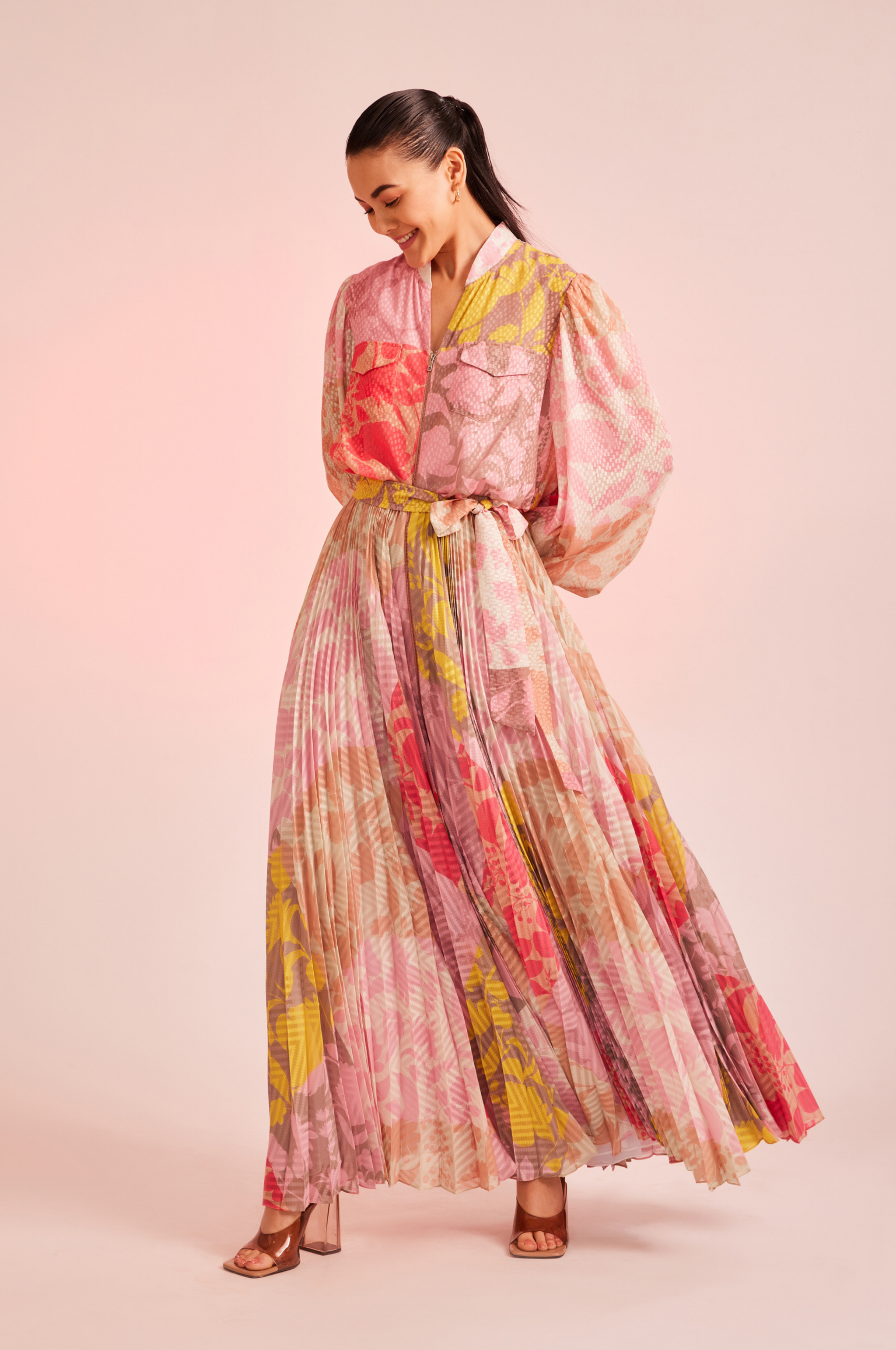 pankaj and nidhi pleated dress Porto Sage Sfumato Pleated Dress