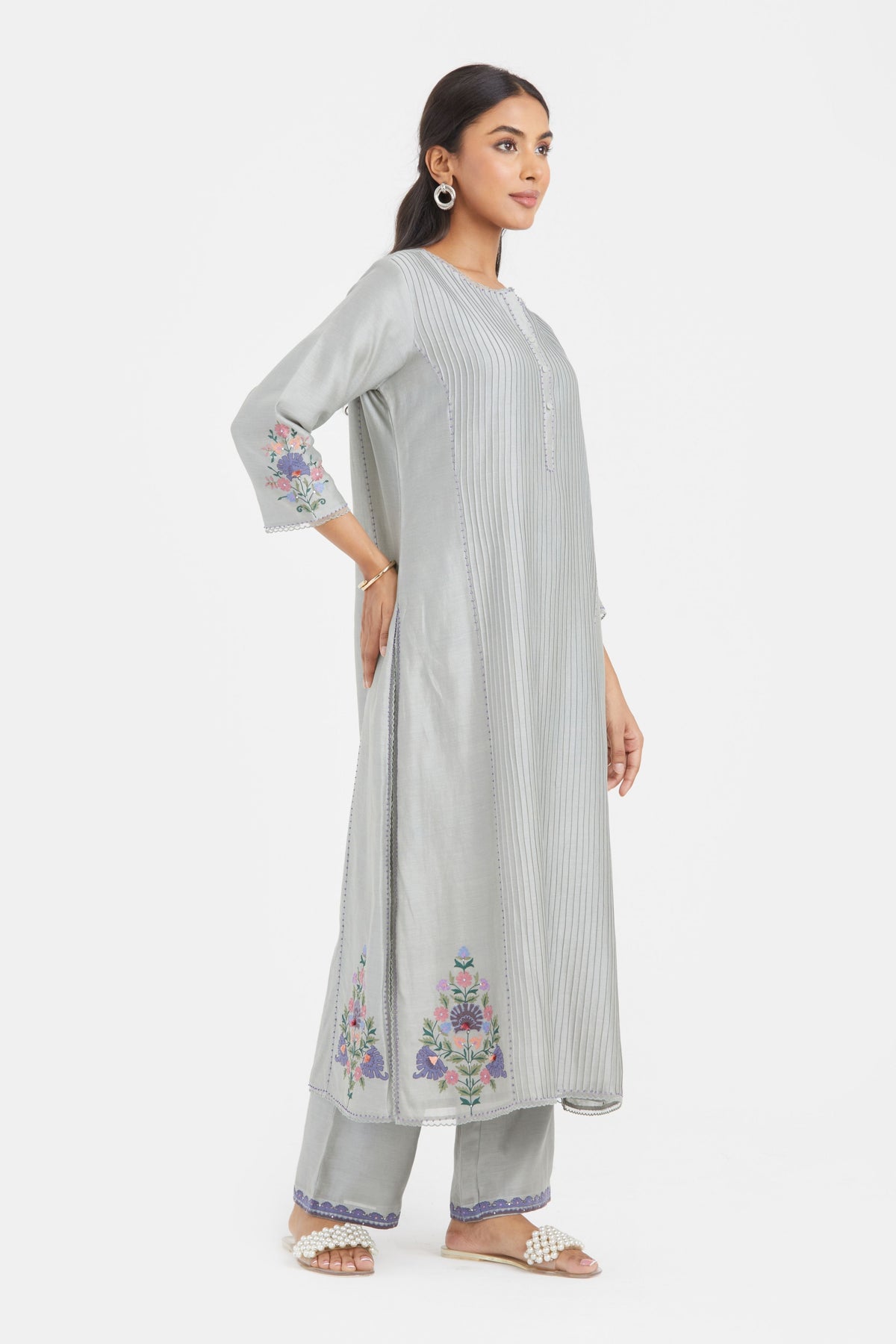 Bluish Grey Pintucks Kurta Set