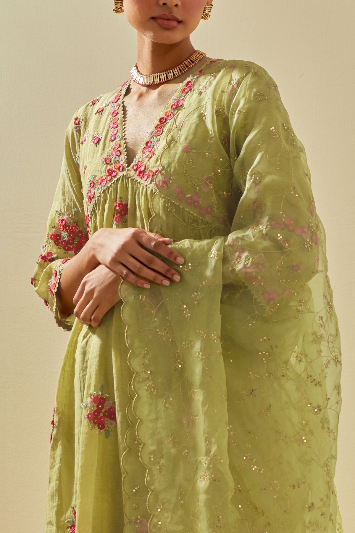 Green V Neck Kurta Set