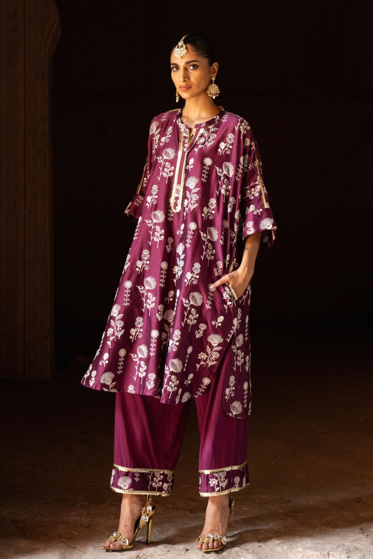 Wine Sunflower Kurta Set