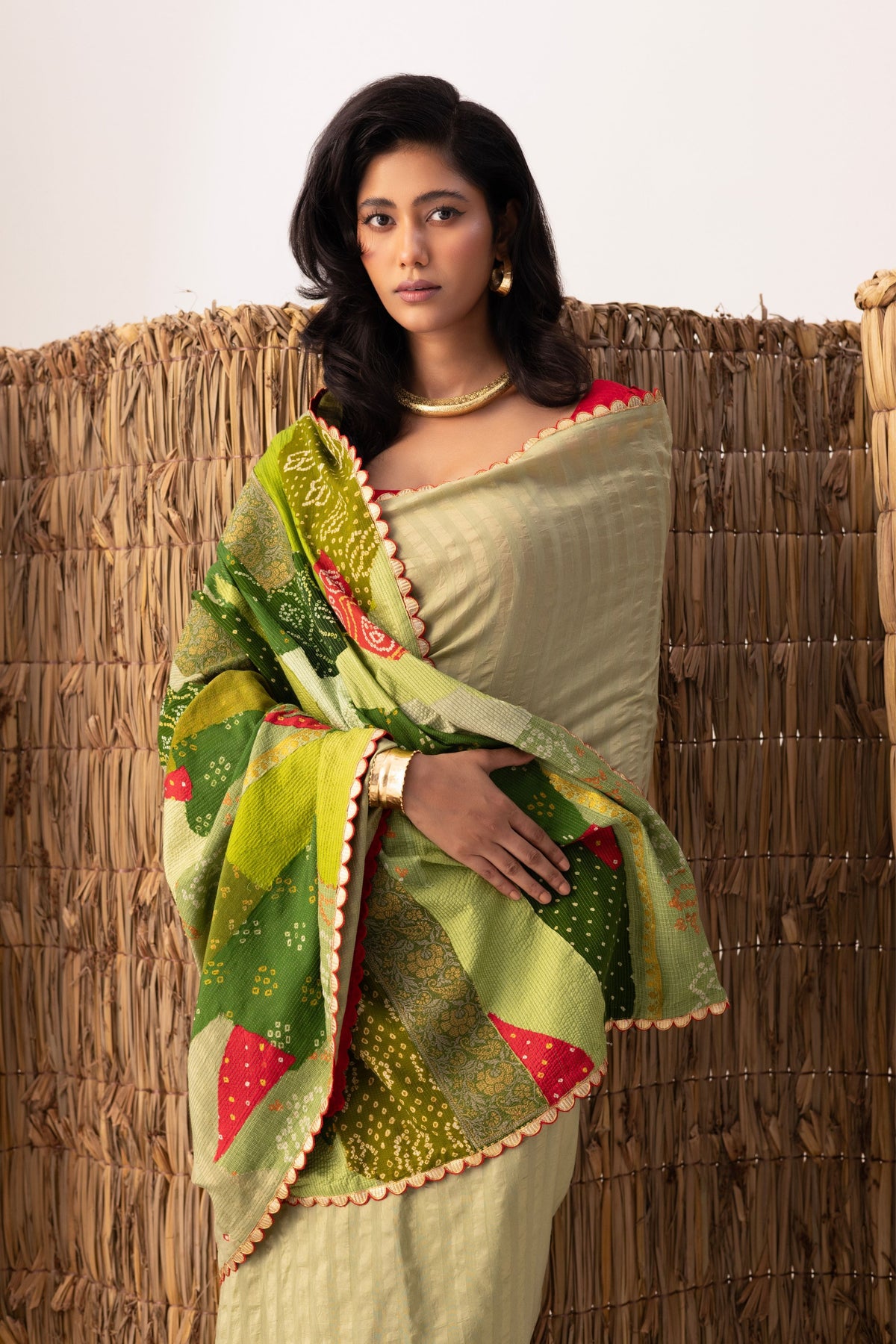 Green Patchwork Bandhani Palla Saree set