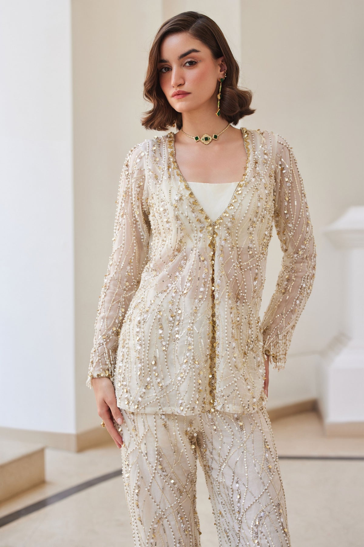 Pearl White Organza Pant-suit