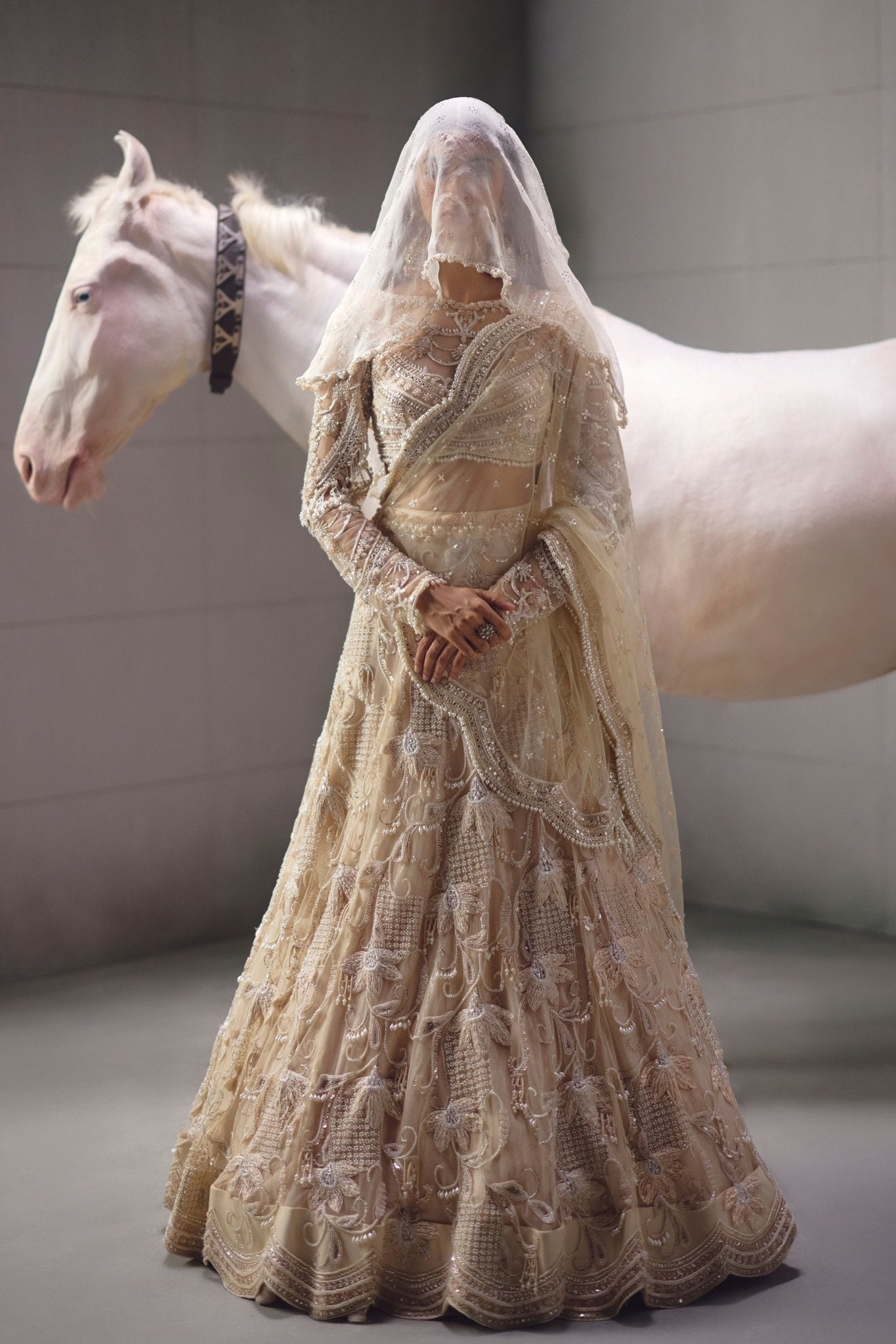 Ivory Embroidered Floral Lehenga Set - Awigna - Elahe