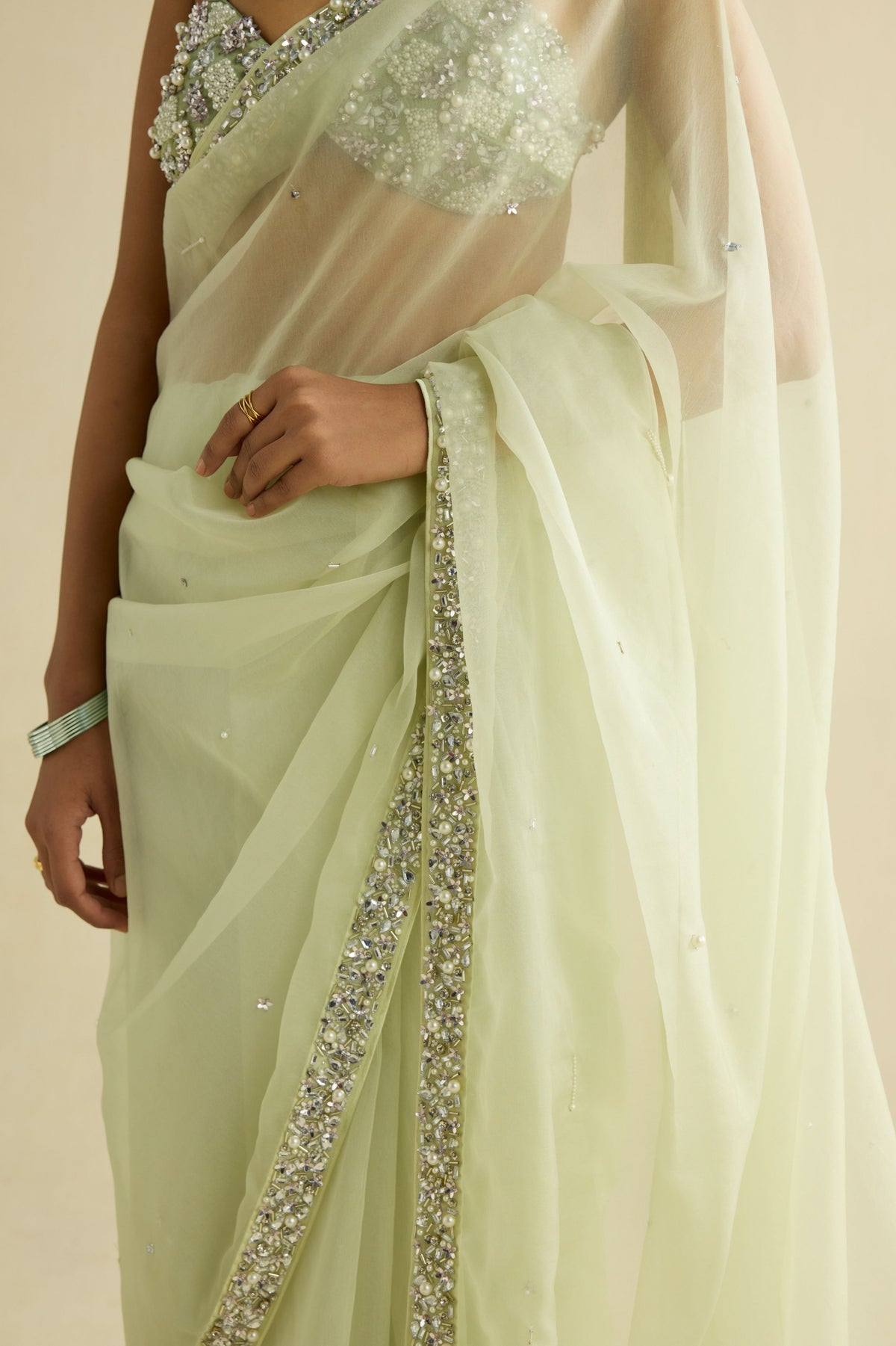 Sage Green Embroidered Saree Set
