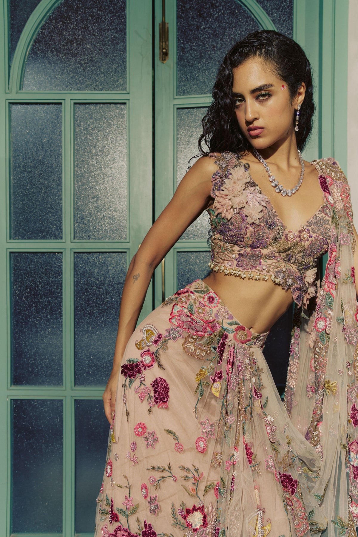 Peach Embroidered Saree Set