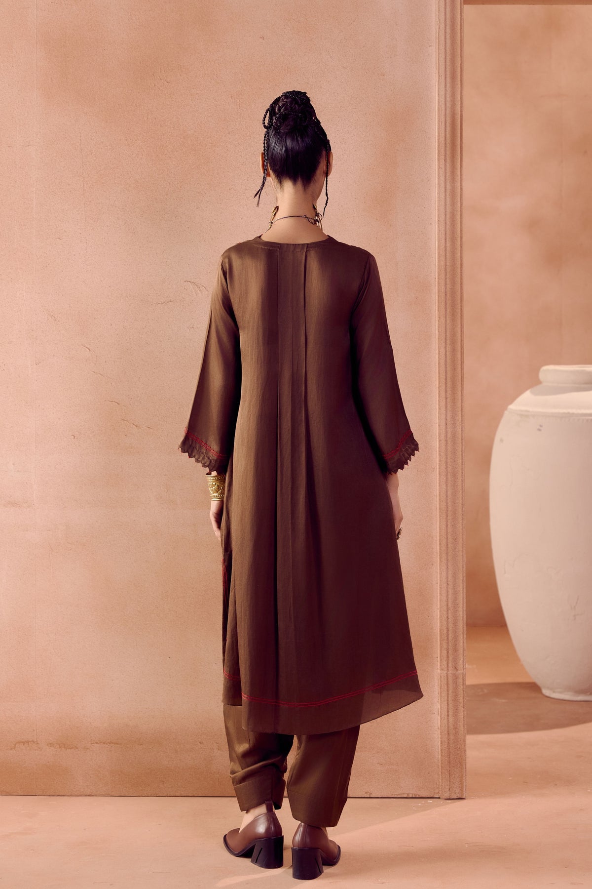 Brown Box Pleated Pants Kurta Set