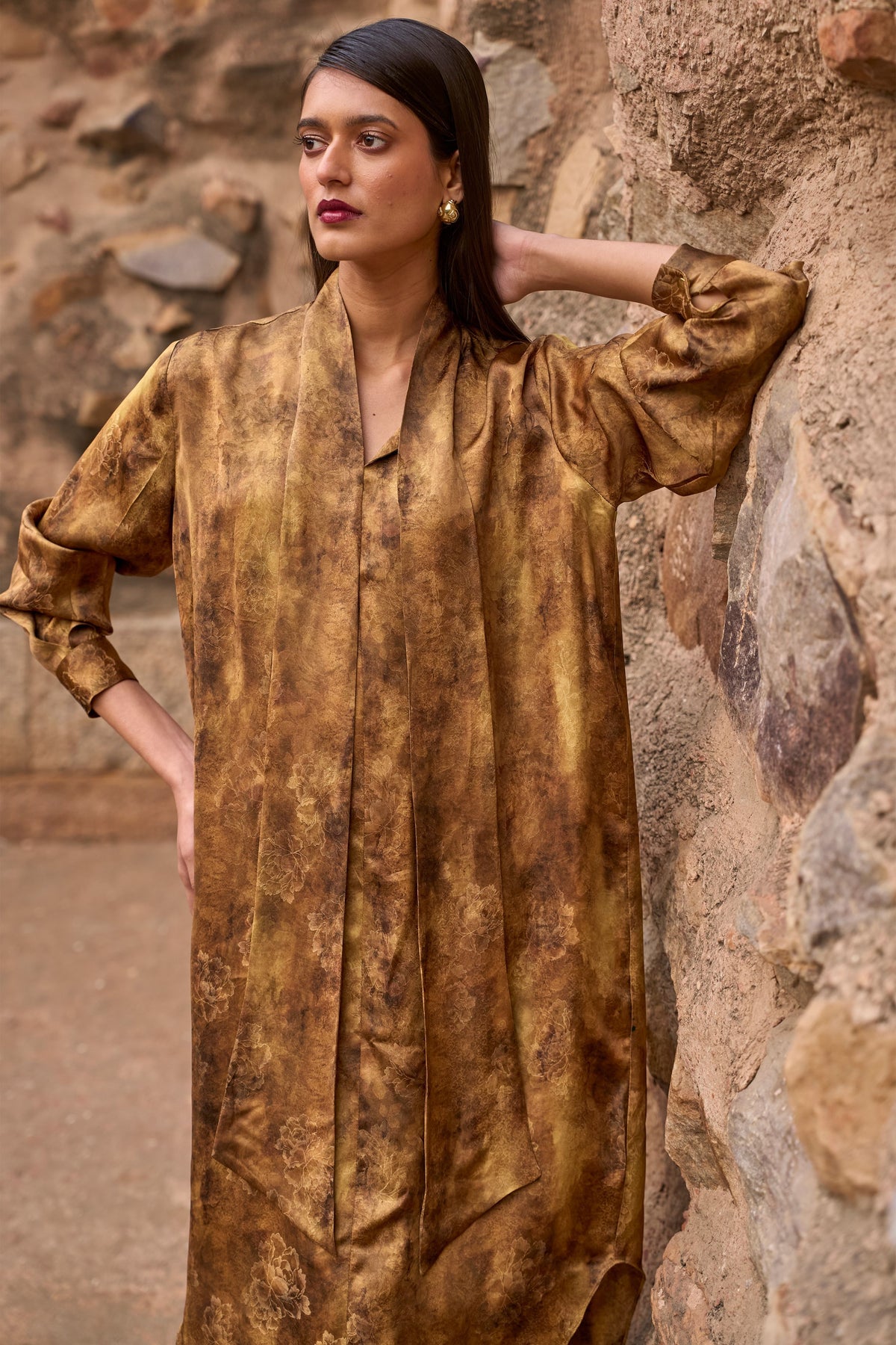 Mustard Neck Scarf Dress