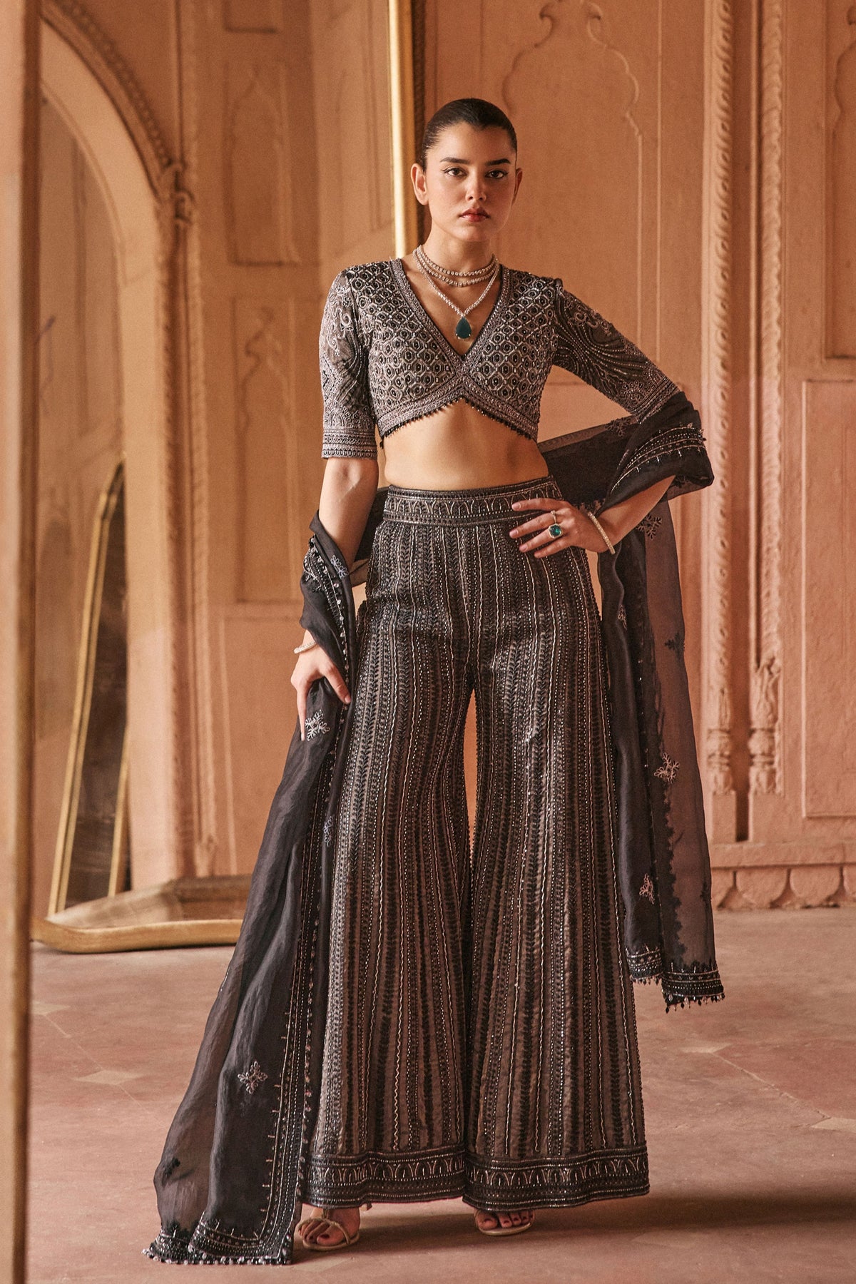 Elegant Black Floral Sharara Set