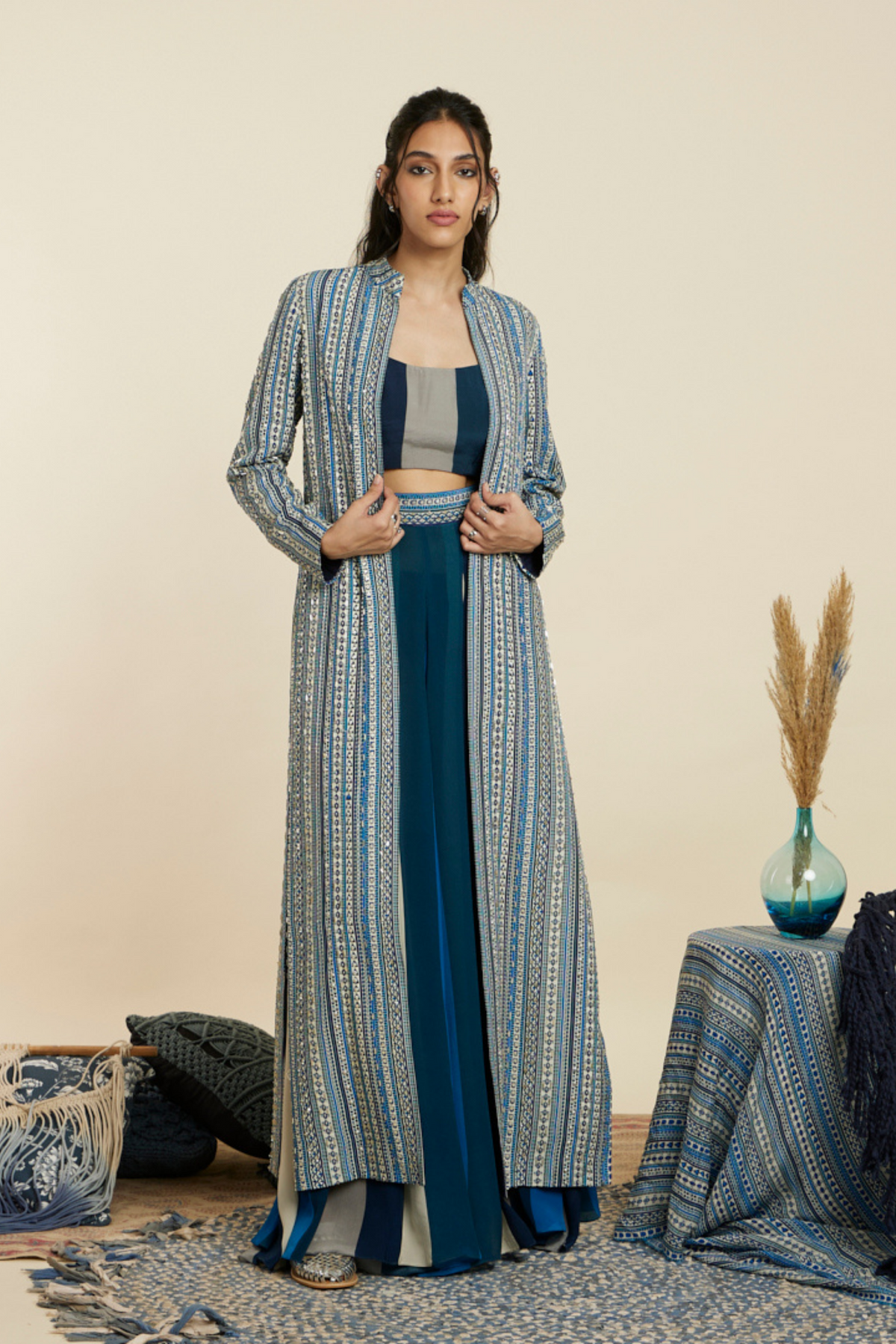 Blue Boho Stripe Embellished Jacket Set