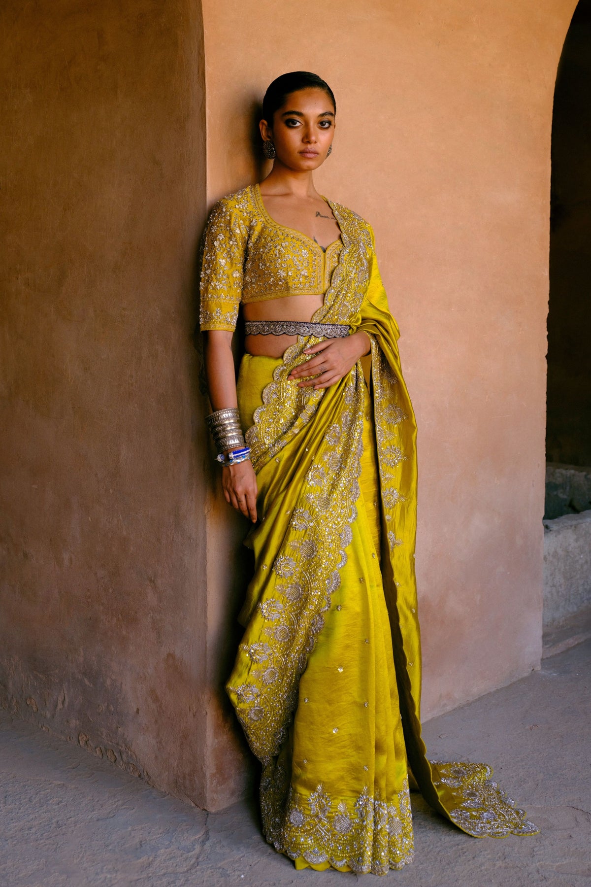 Embroidered Mustard Saree Set