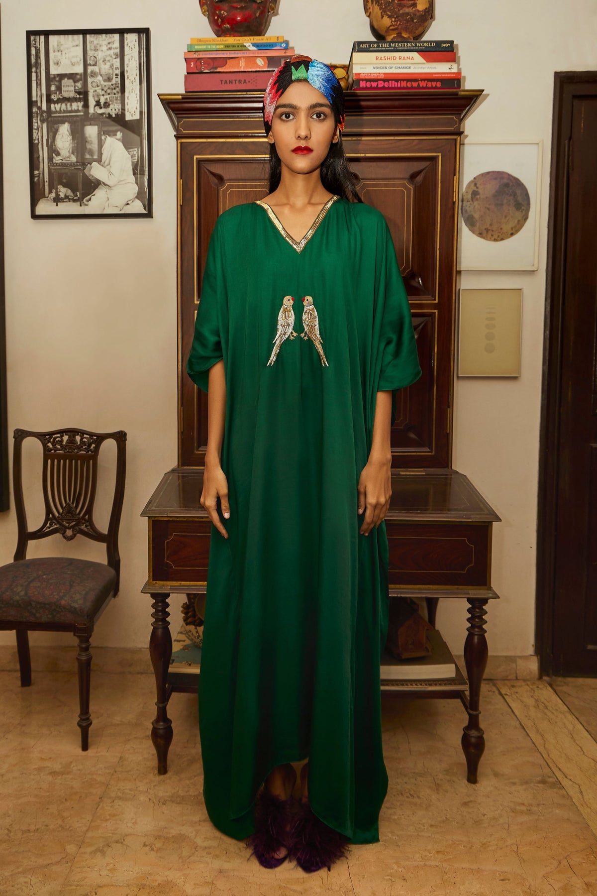 Green Kaftan With Parrot Motif