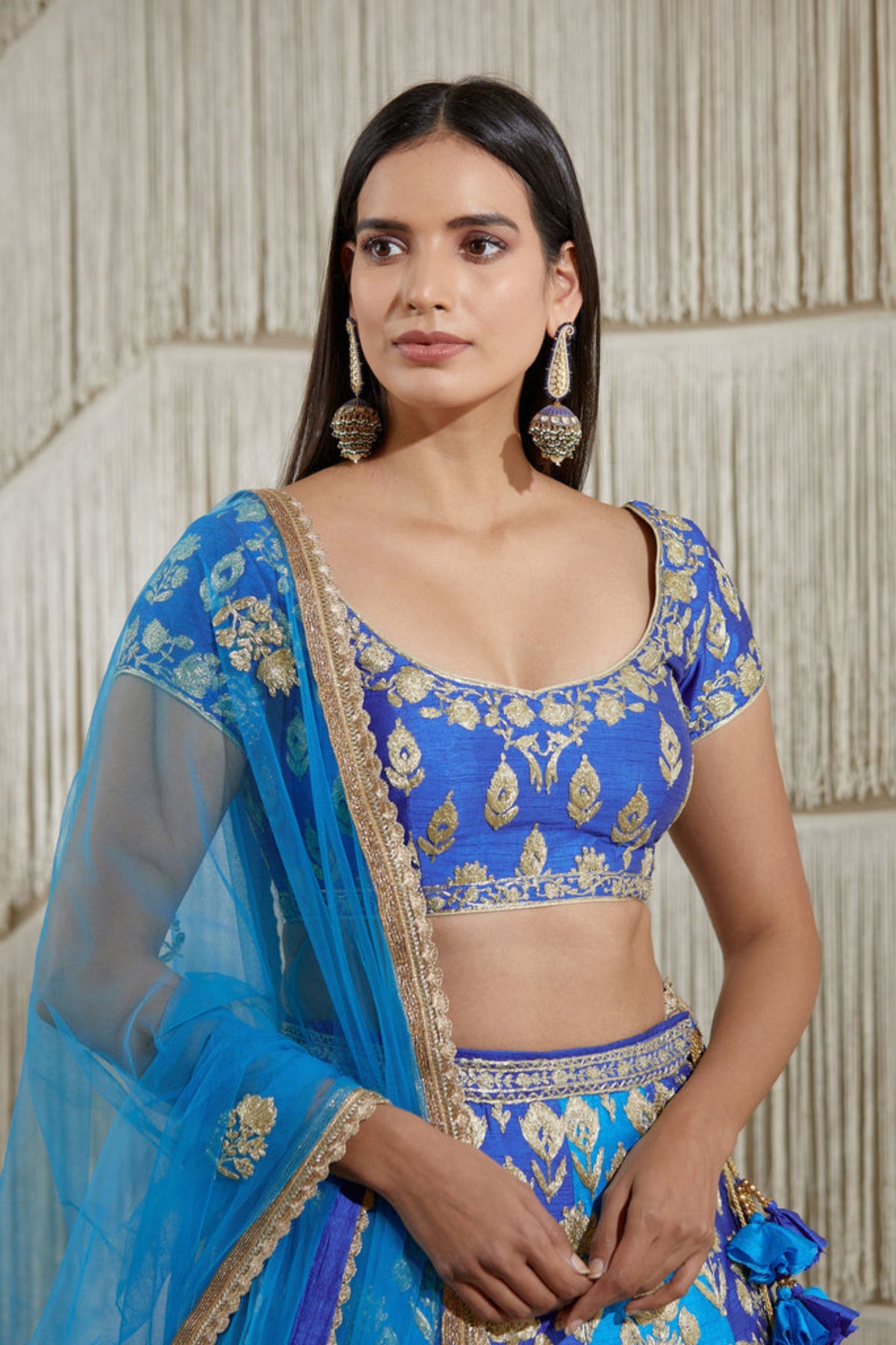 Blue metallic embroidered lehenga set
