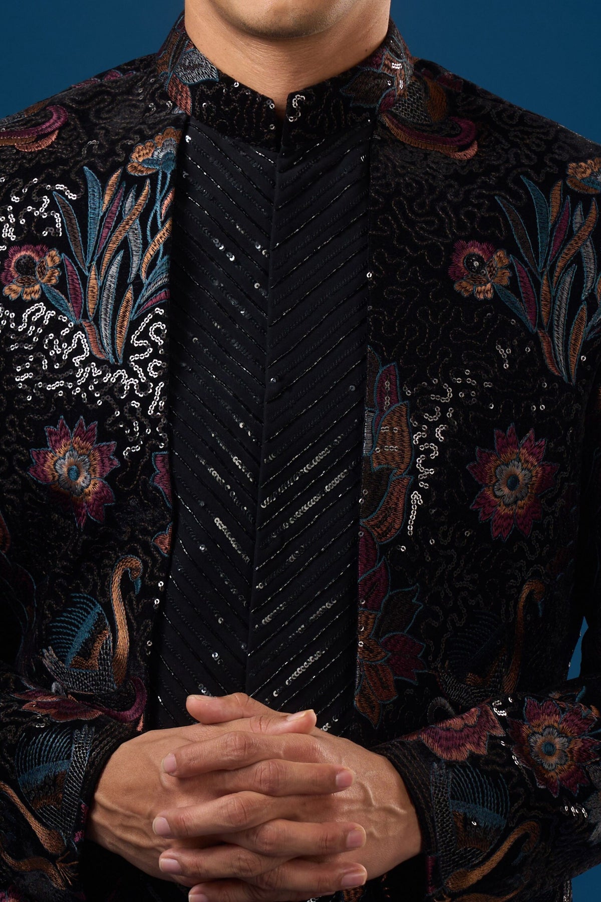 Coal Velour Bandhgala Set