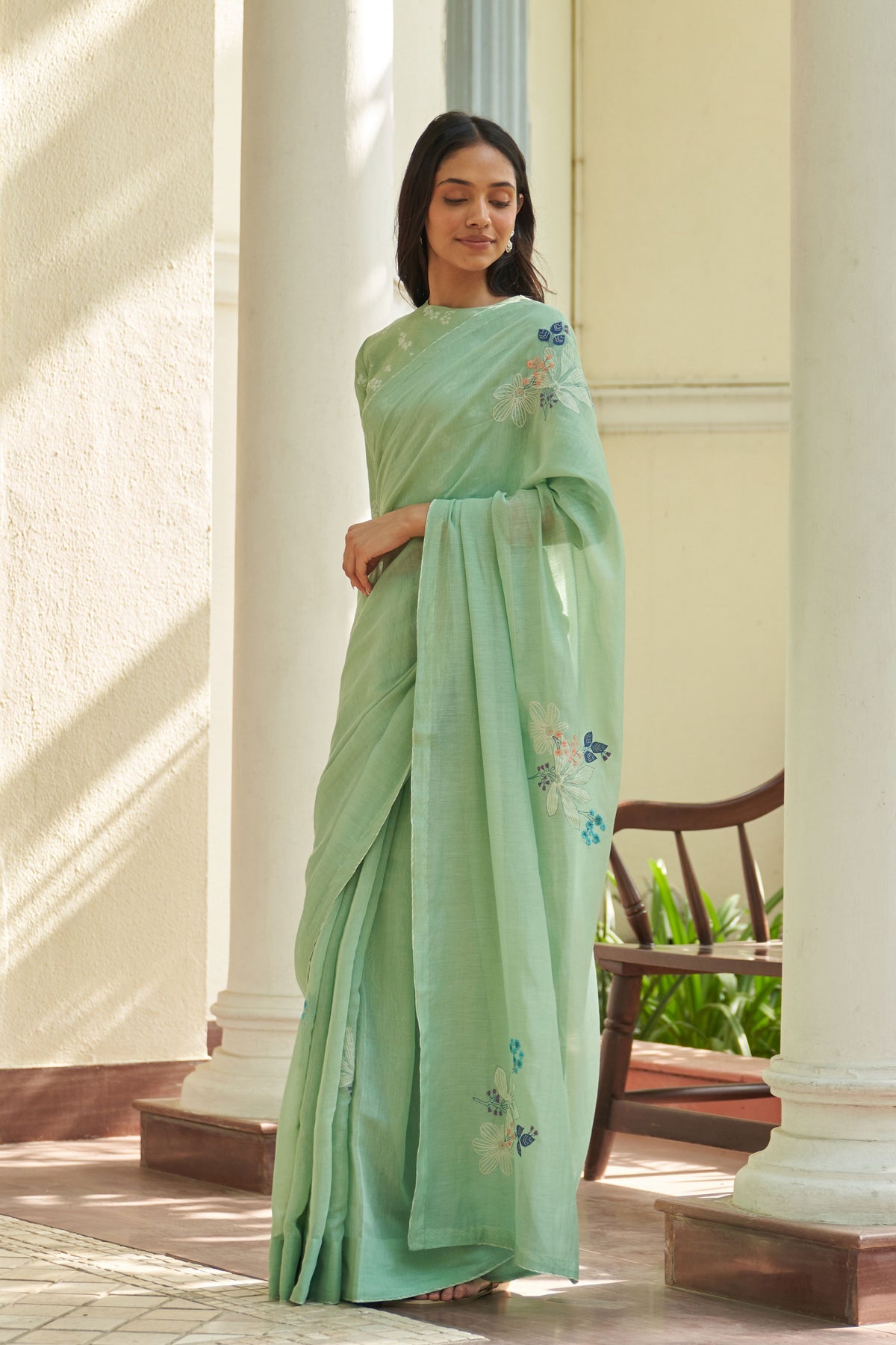 Mint Floral Threadwork Saree